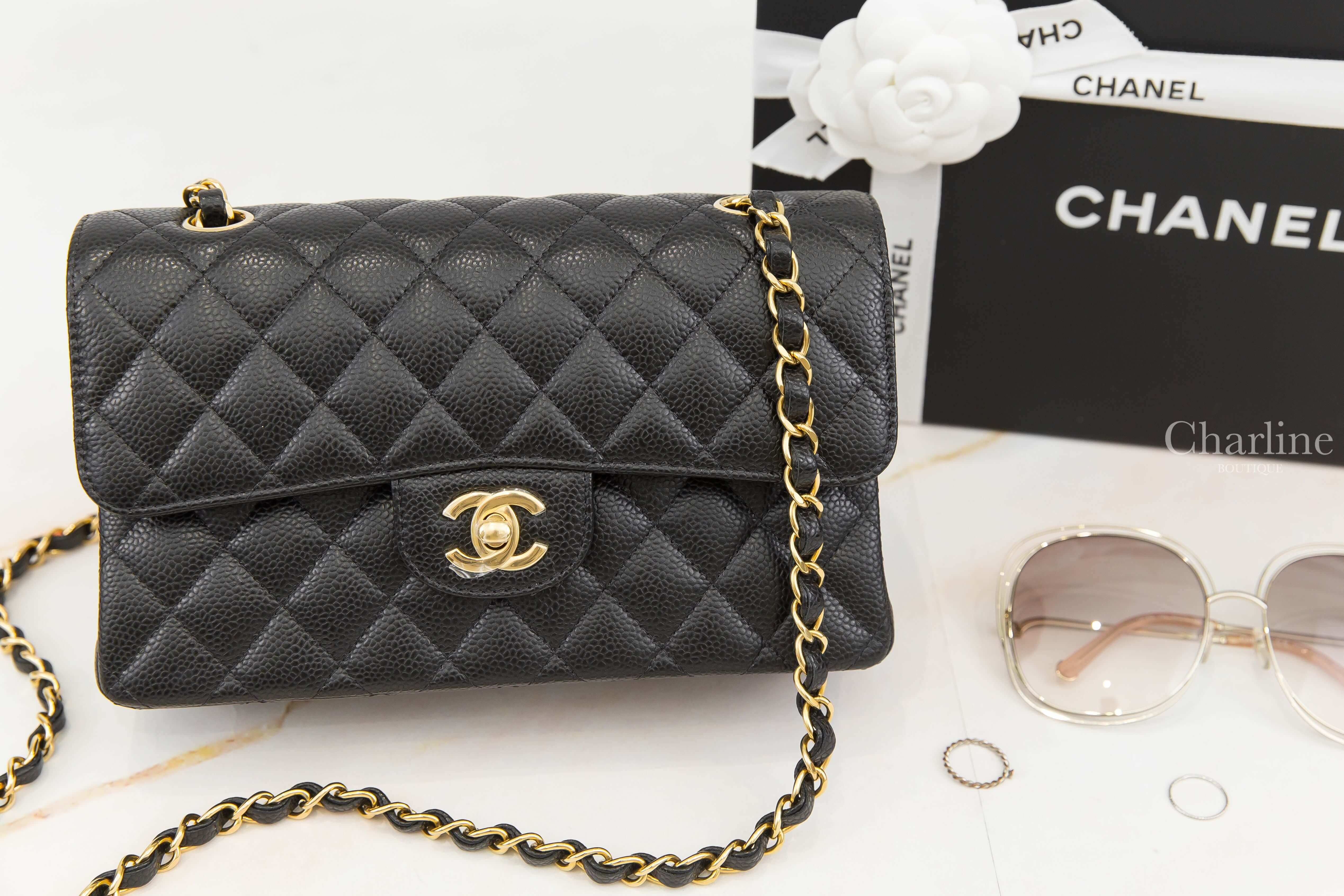 Chanel Small Classic Handbag 黑色金CC金鍊23cm荔枝零格紋肩背包-Charline Boutique 精品代購