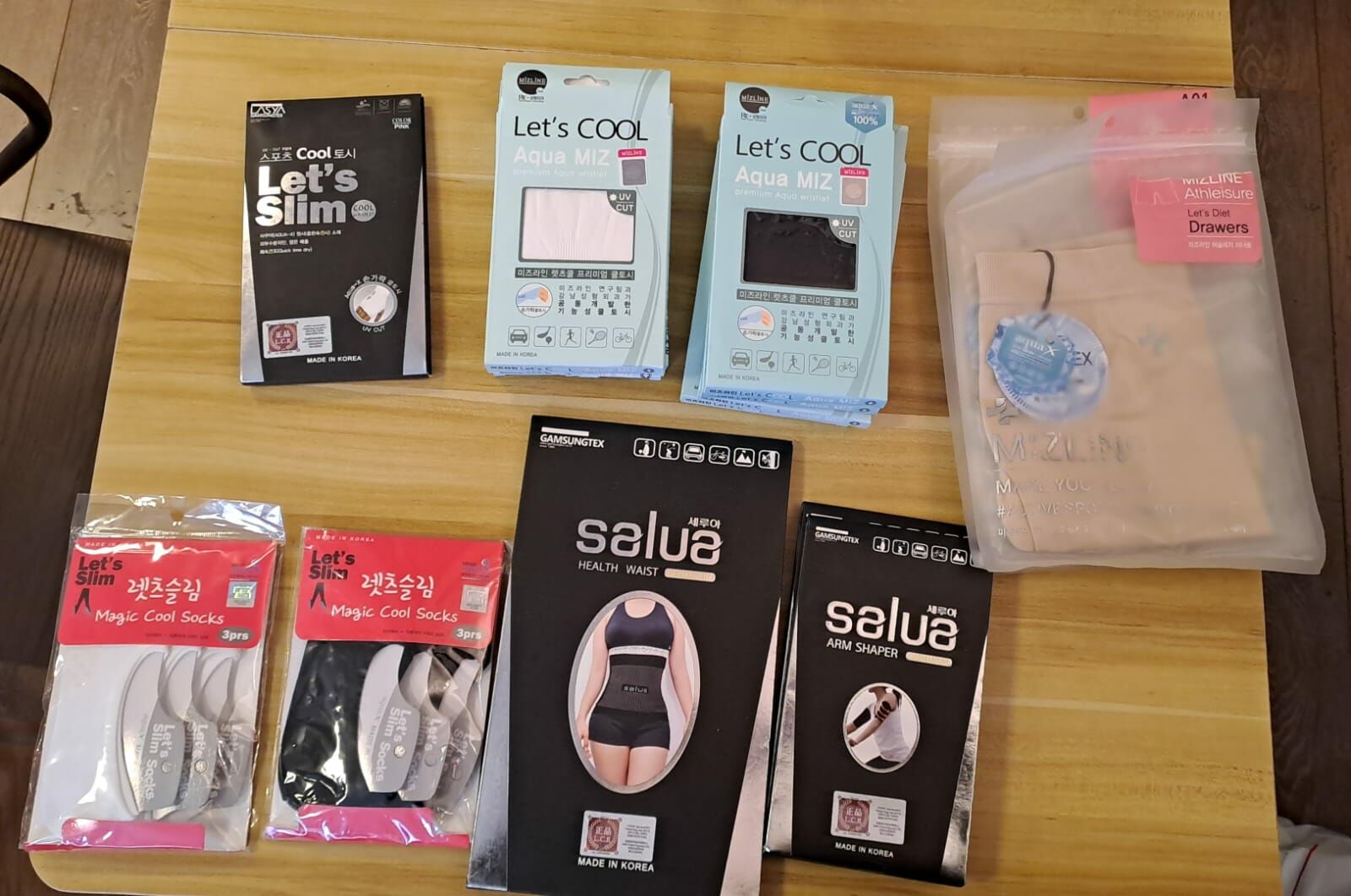 Mizline 冰凉手袖 ,Salua 冰凉手袖, Let's Slim 冰涼襪, Let's Diet 修身褲,Salua 修腰,Salua 修身手臂,Let's Slim 腕帶