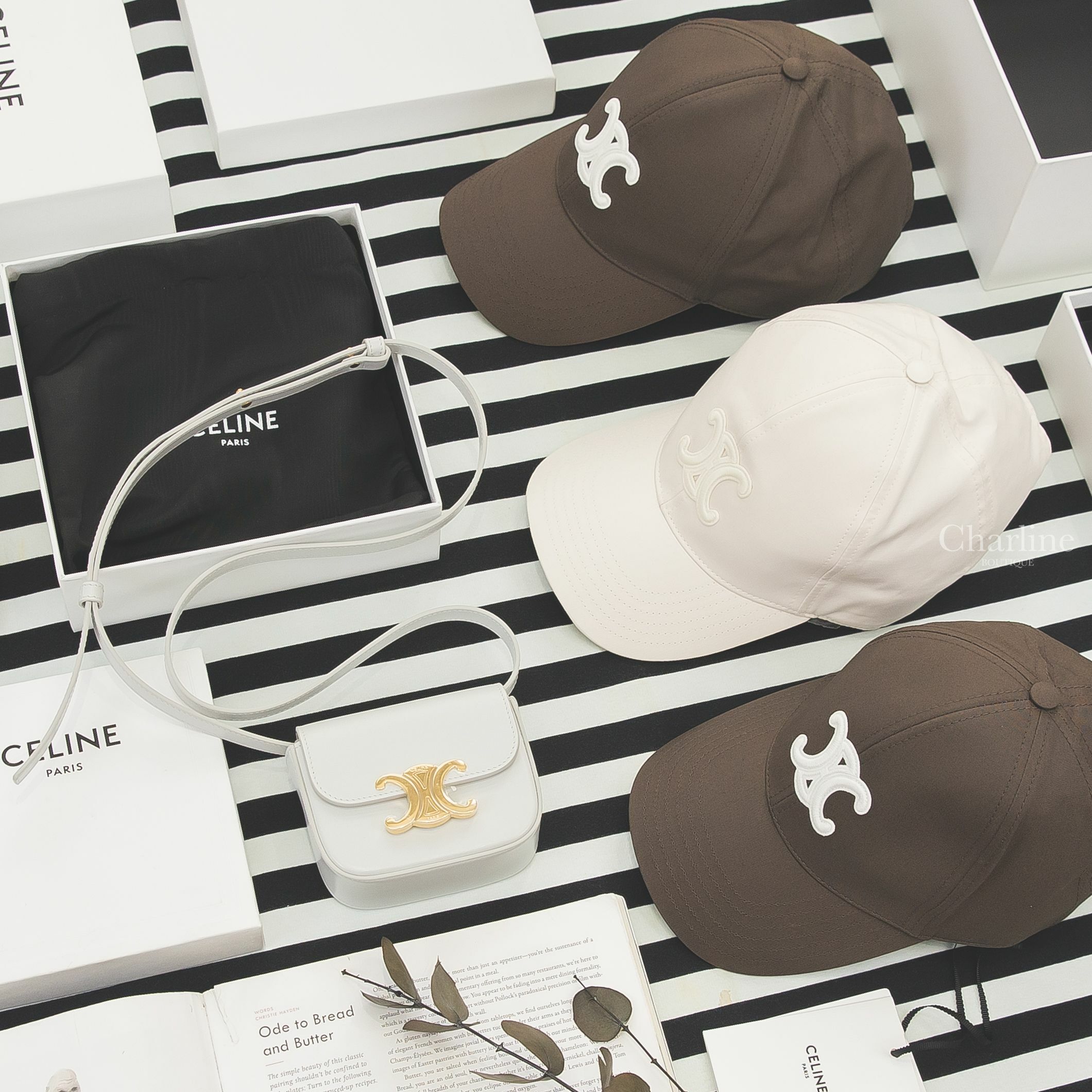 Celine Mini Claude 月光白金色凱旋門牛皮肩背包,Celine Baseball Cap 奶白色刺繡白色凱旋門棒球帽,Celine Baseball Cap 深灰褐白色刺繡凱旋門棒球帽-Charline Boutique 精品代購