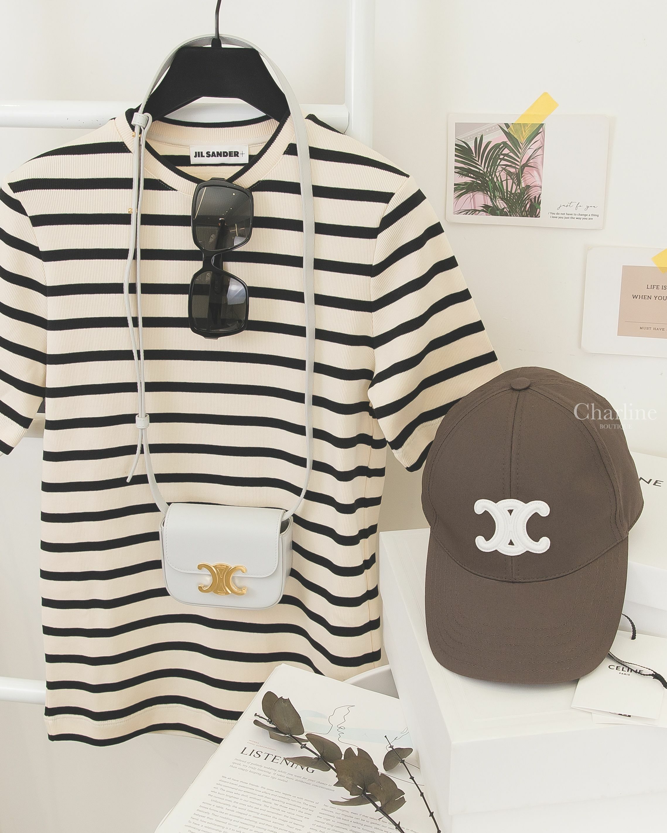 Celine Mini Claude 月光白金色凱旋門肩背包,Chanel Sunglasses 黑色方框側邊白Logo太陽眼鏡,Celine Baseball Cap 深灰褐白色刺繡凱旋門棉質棒球帽-Charline Boutique 精品代購