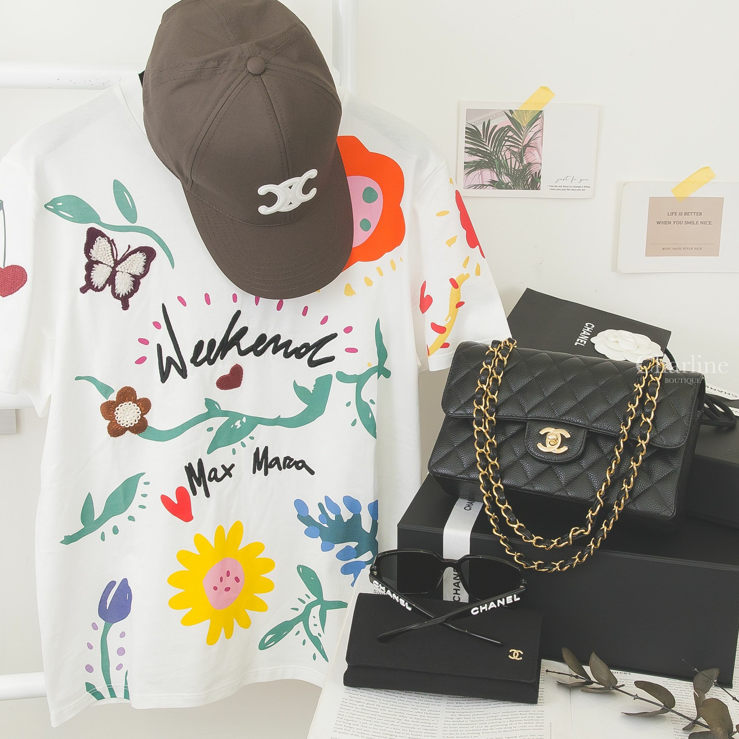 Celine Baseball Cap 深灰褐刺繡白色凱旋門棒球帽,Chanel Sunglasses 黑色方框白色Logo太陽眼鏡,Chanel Small Classic 黑色金CC23cm荔枝零格紋-Charline Boutique 精品代購