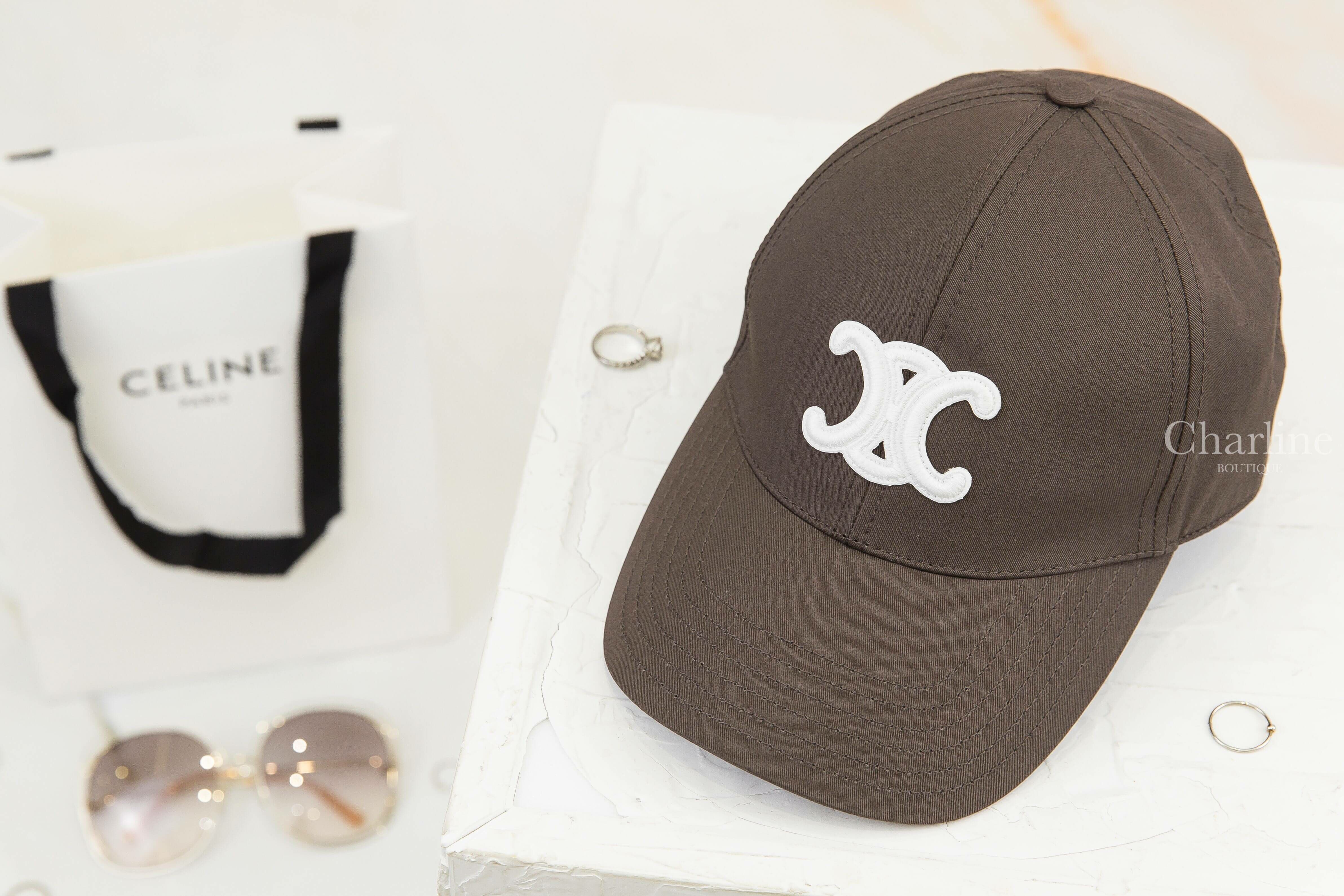 Celine Triomphe Baseball Cap In Cotton 深灰褐刺繡白色凱旋門棉質棒球帽