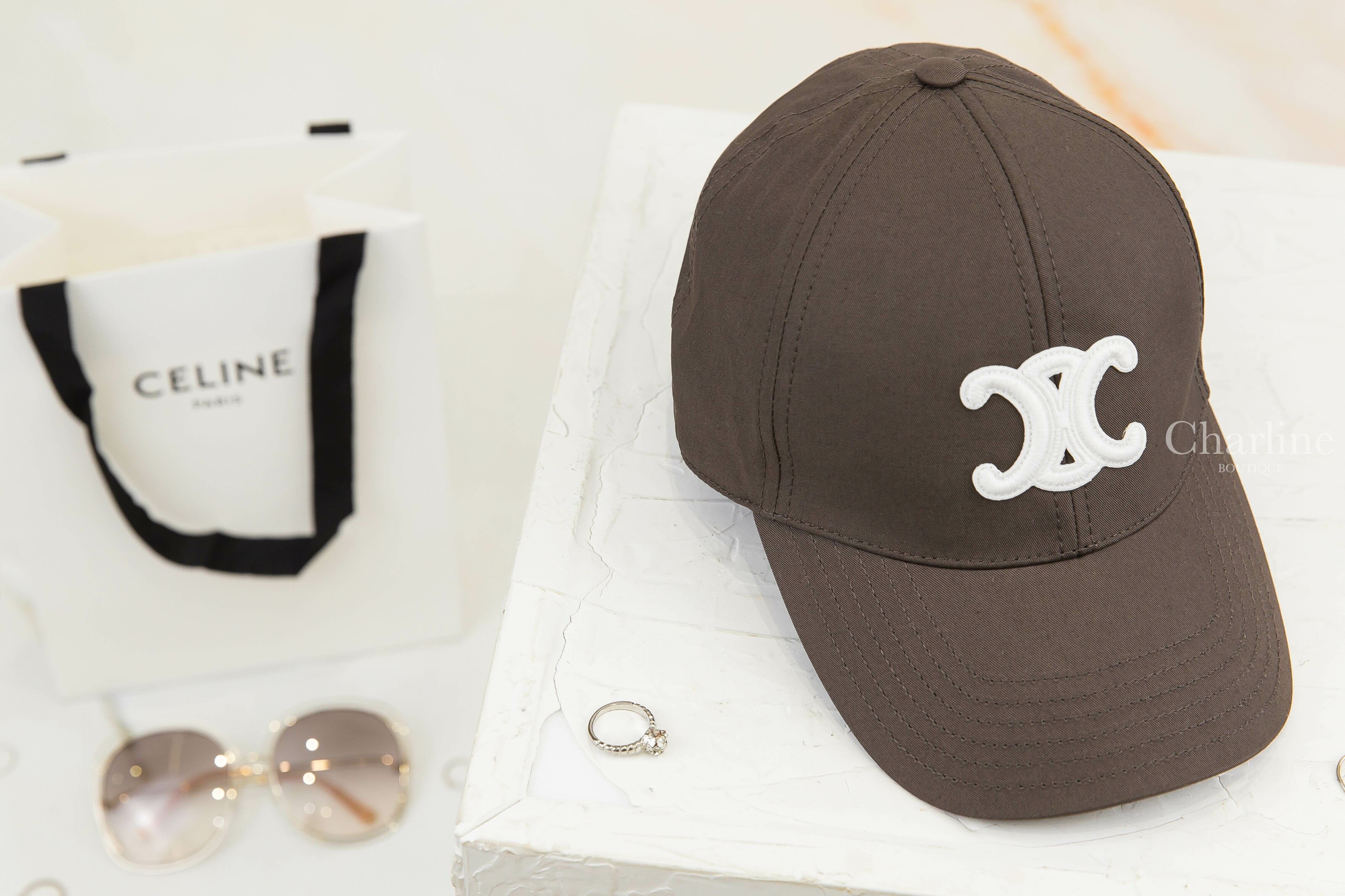 Celine Triomphe Baseball Cap In Cotton 深灰褐刺繡白色凱旋門棉質棒球帽-Charline Boutique 精品代購