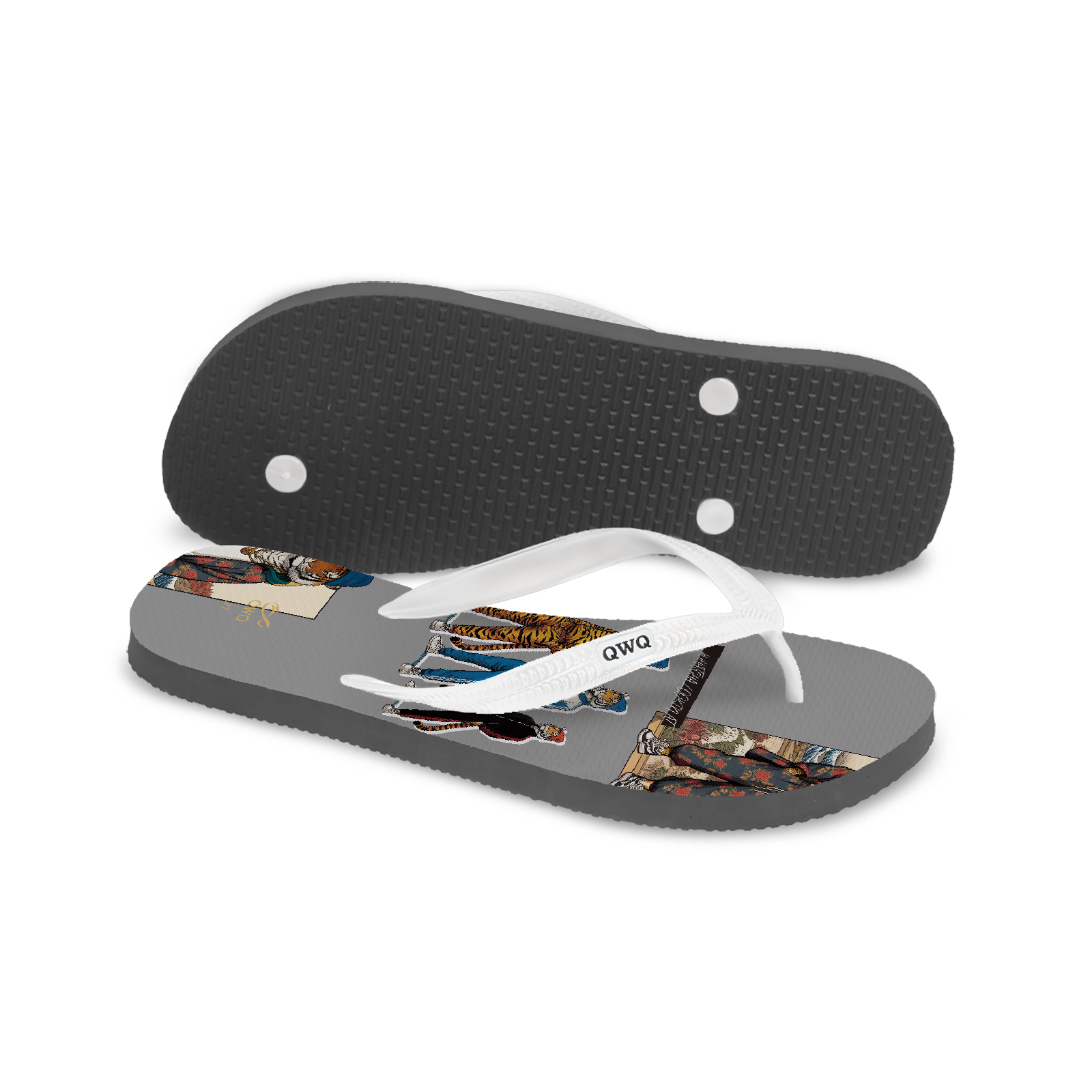 ㊕㊝悪虎虢 灰底白帶 Tattoo刺青系列 插圖男款夾腳拖鞋 LE原創