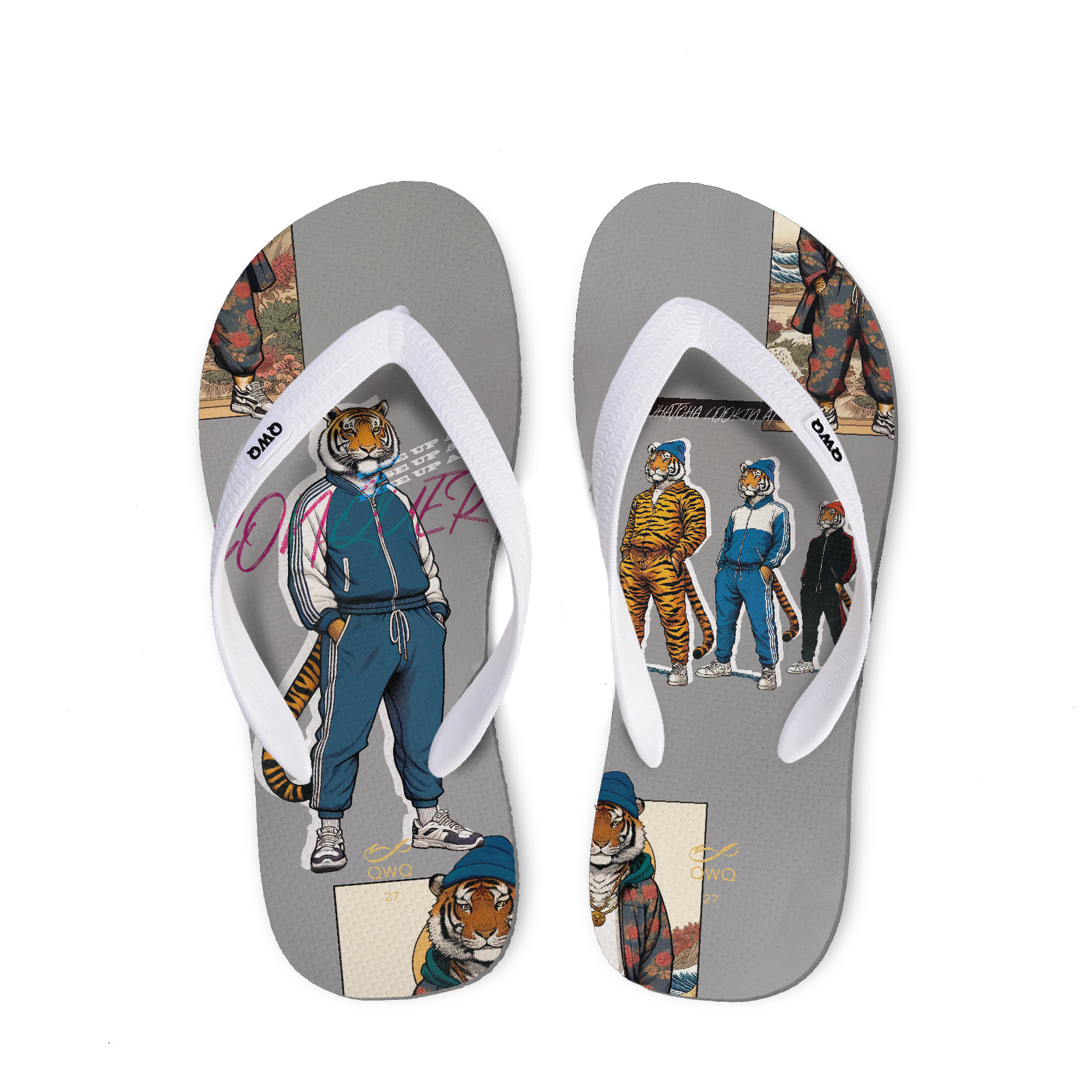 ㊕㊝悪虎虢 灰底白帶 Tattoo刺青系列 插圖男款夾腳拖鞋 LE原創