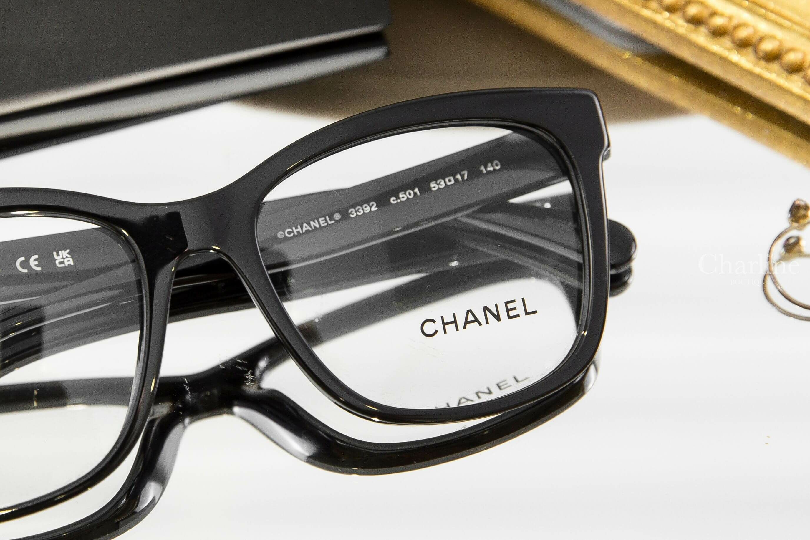 Chanel Square Eyeglasses 黑色白字側邊銀CC平光眼鏡