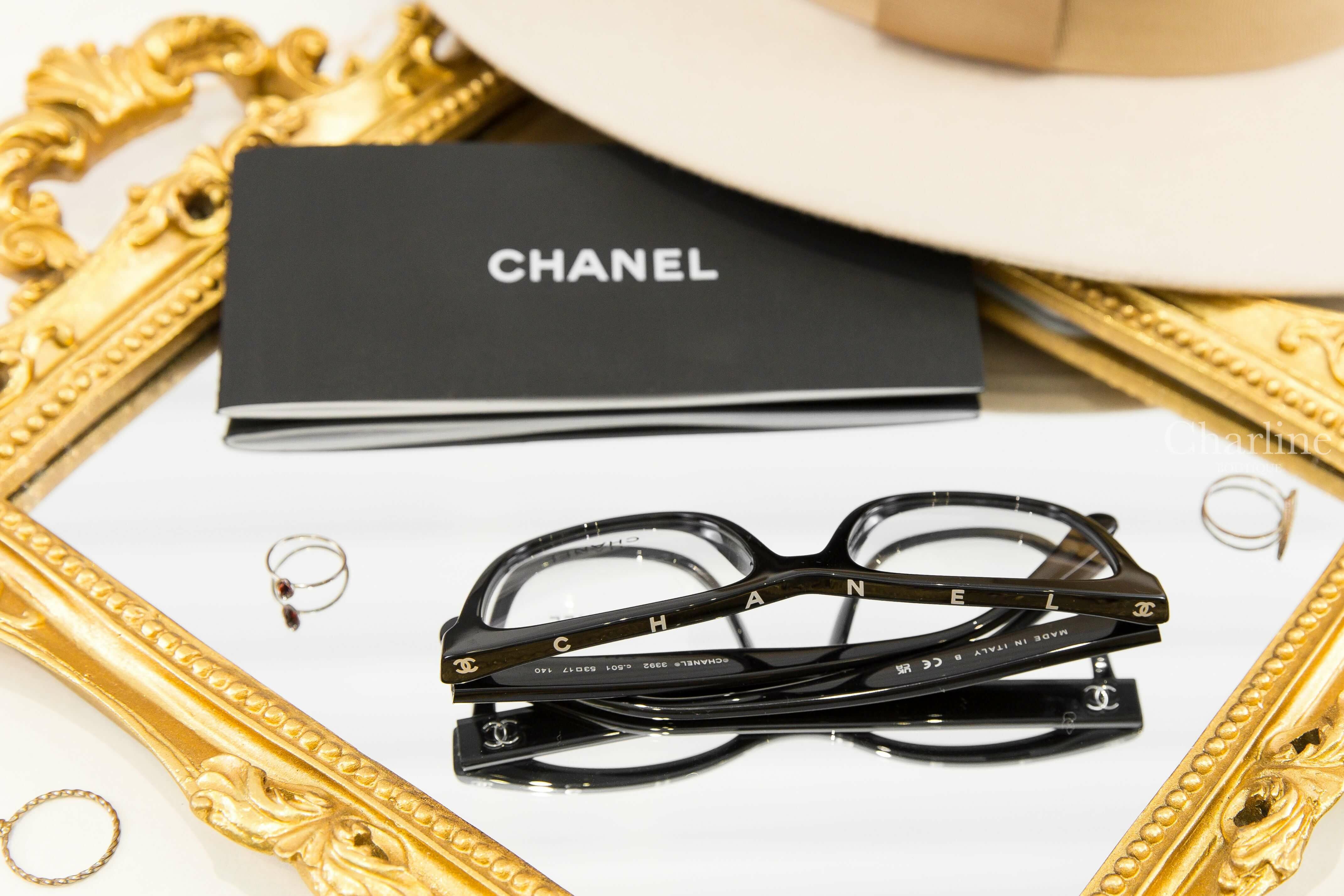 Chanel Square Eyeglasses 黑色白字側邊銀CC平光眼鏡-Charline Boutique 精品代購