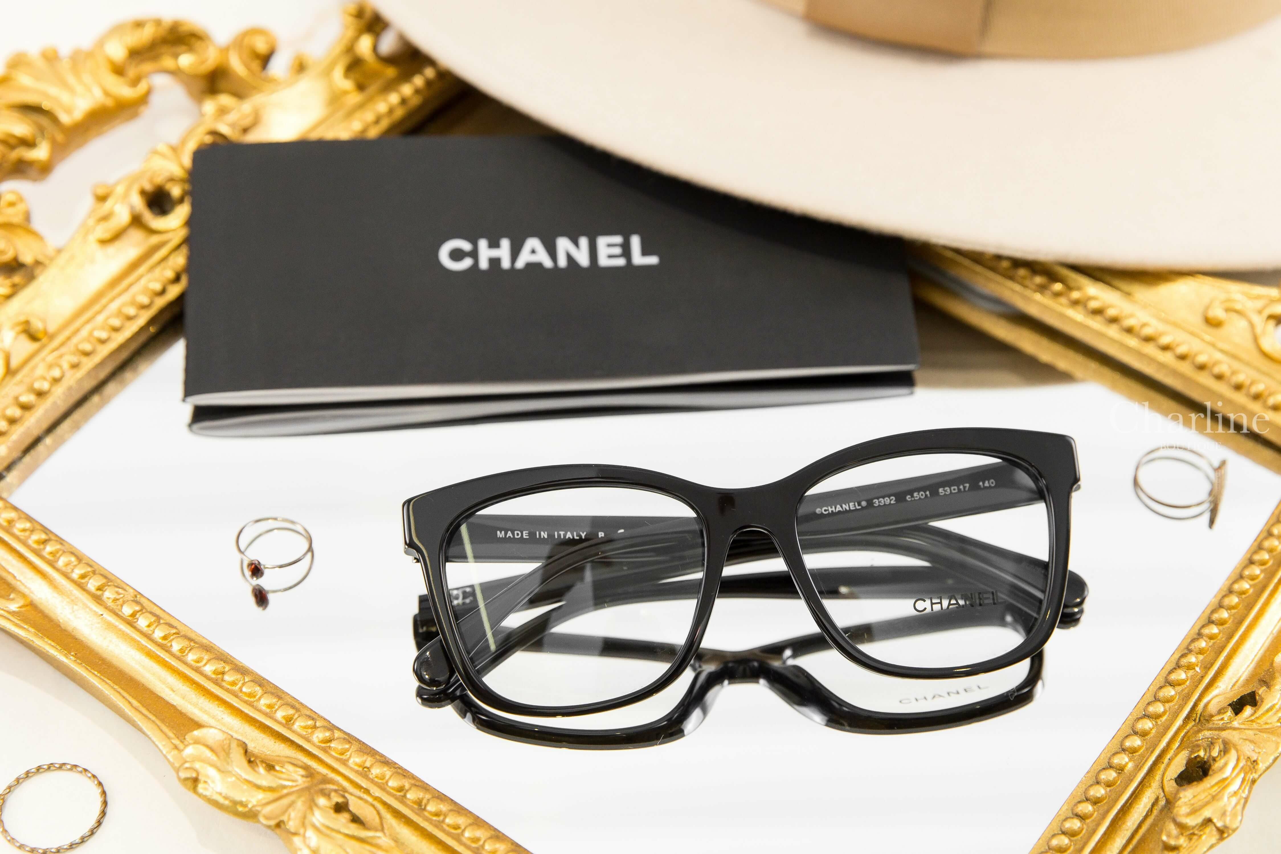 Chanel Square Eyeglasses 黑色白字側邊銀CC平光眼鏡-Charline Boutique 精品代購