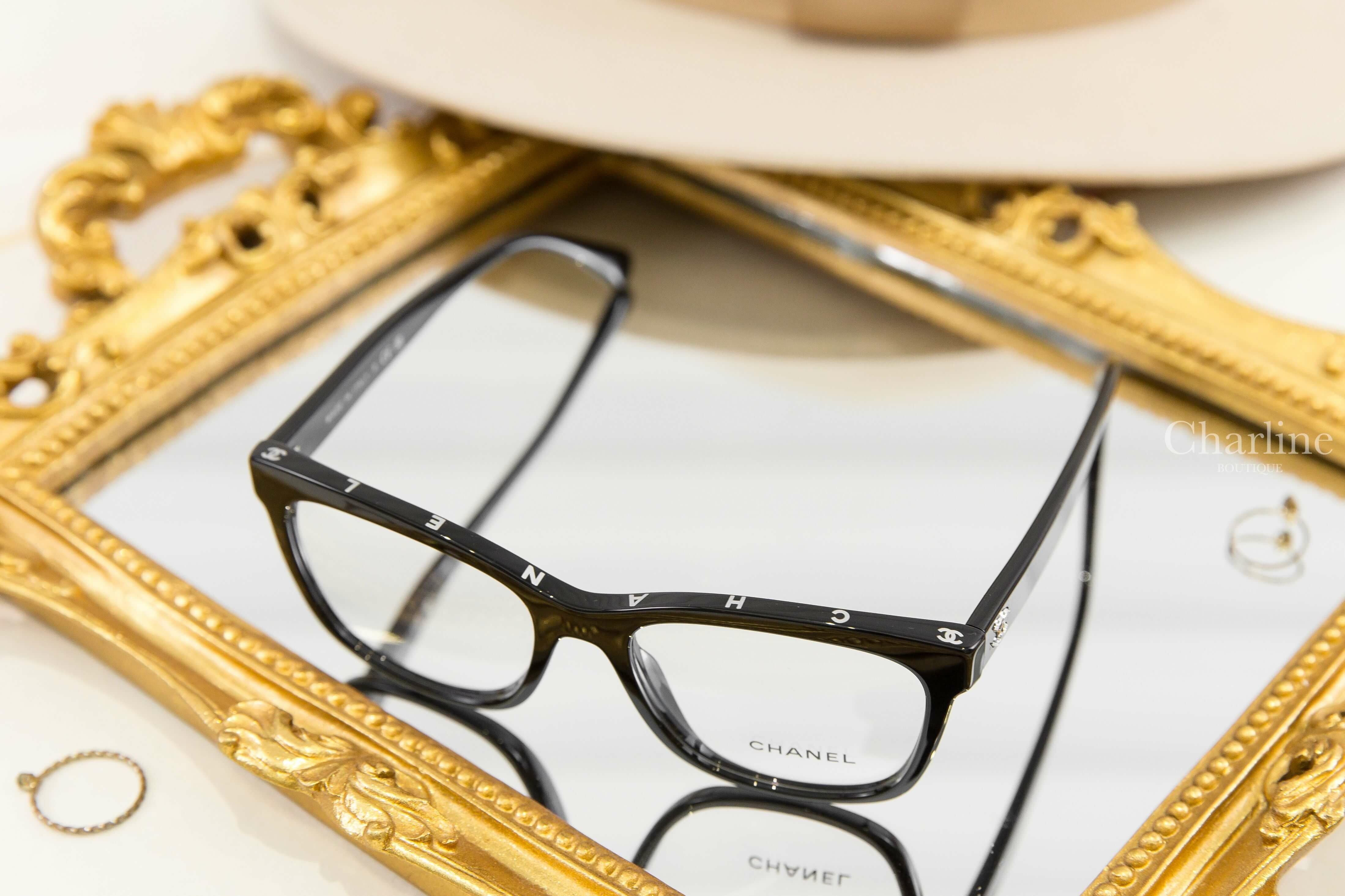 Chanel Square Eyeglasses 黑色白字側邊銀CC平光眼鏡-Charline Boutique 精品代購