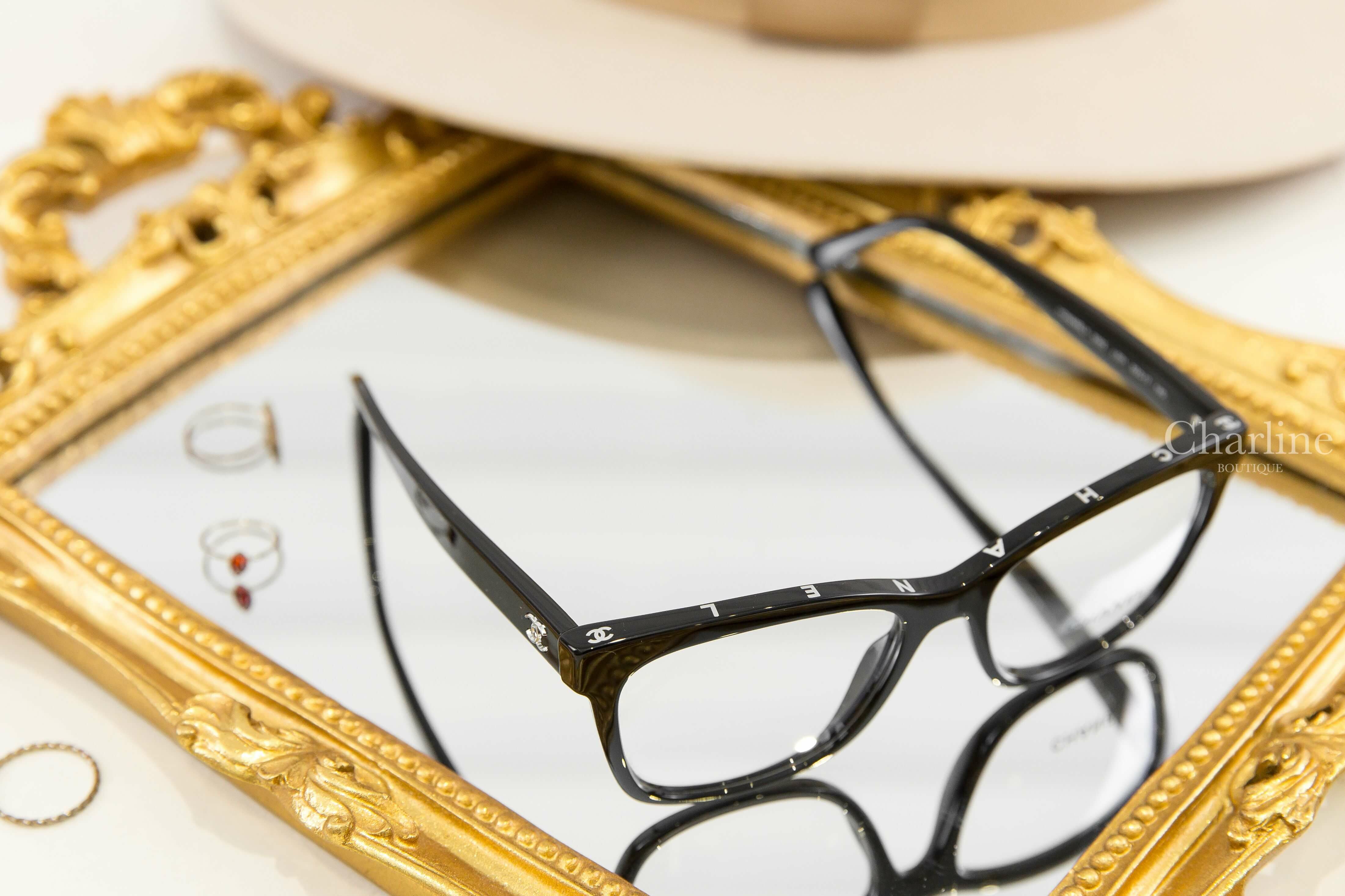 Chanel Square Eyeglasses 黑色白字側邊銀CC平光眼鏡-Charline Boutique 精品代購