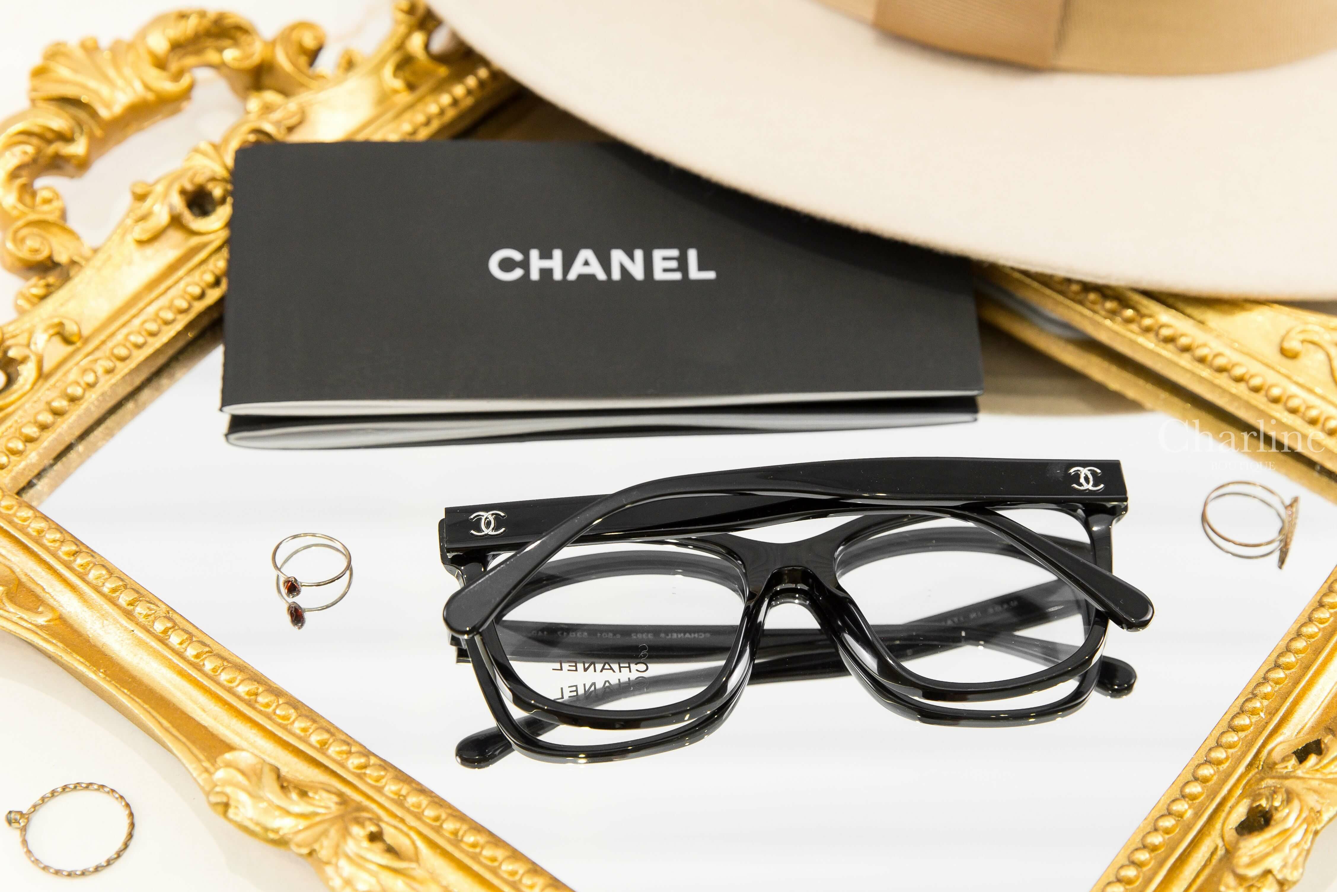 Chanel Square Eyeglasses 黑色白字側邊銀CC平光眼鏡-Charline Boutique 精品代購