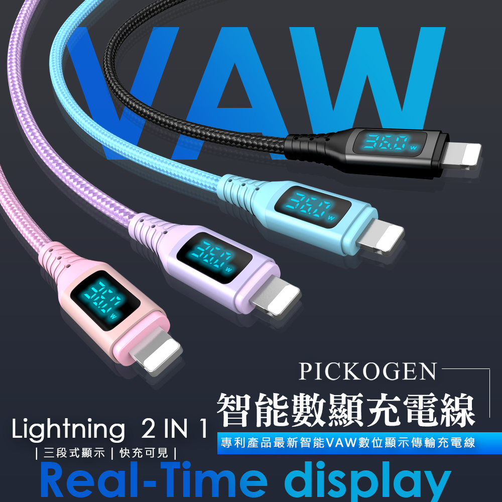 PICKOGEN 皮克全 36W快充 二合一 Type-C/USB-A TO Lightning PD充電傳輸線 VAW數顯 神速 1.8M