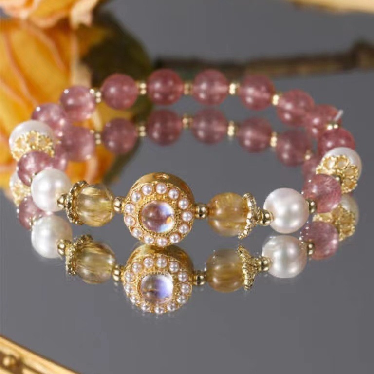 【柏林花事】天然草莓晶+金髮晶珍珠水晶手鍊/水晶手串