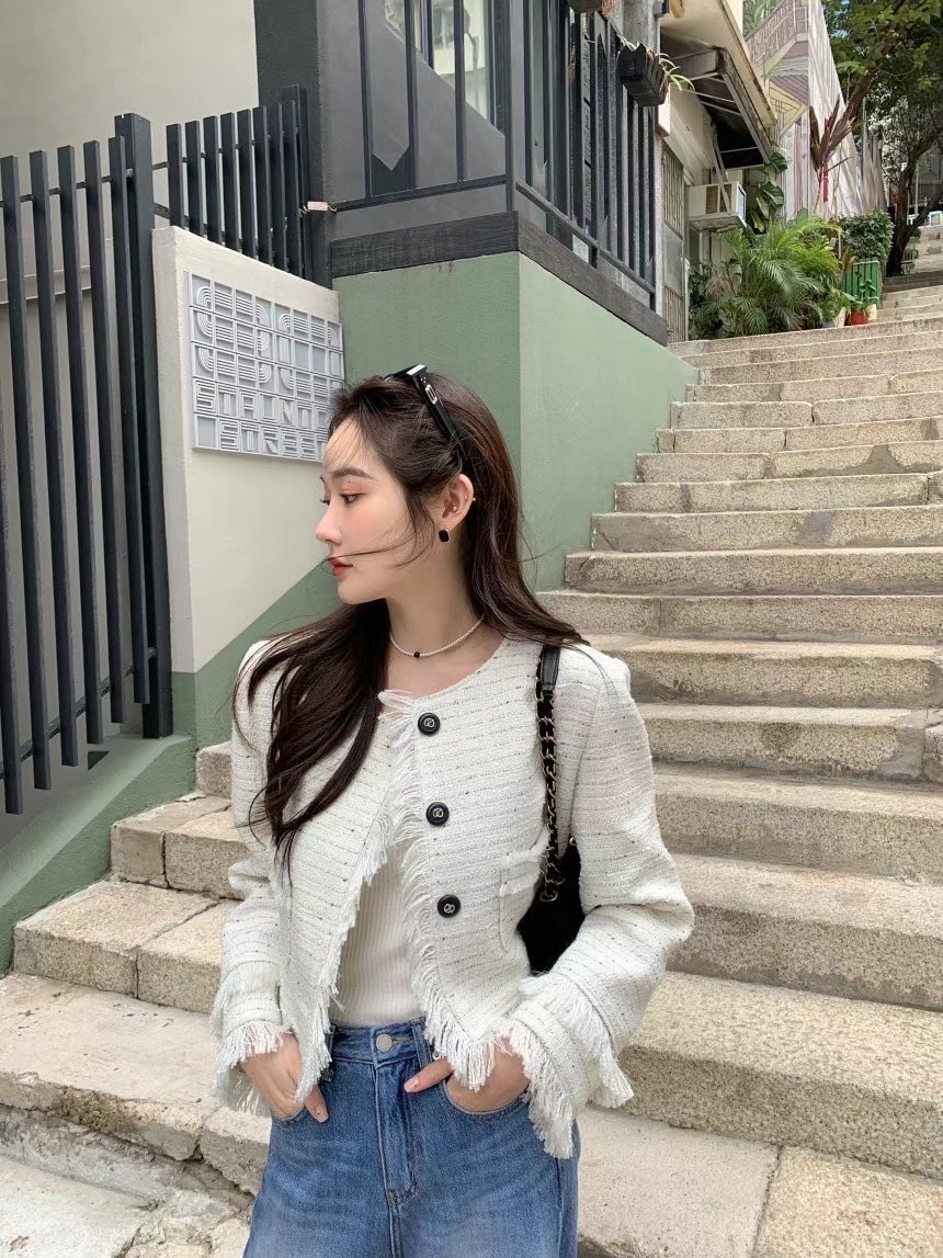 正韓質感抽鬚混呢小香外套