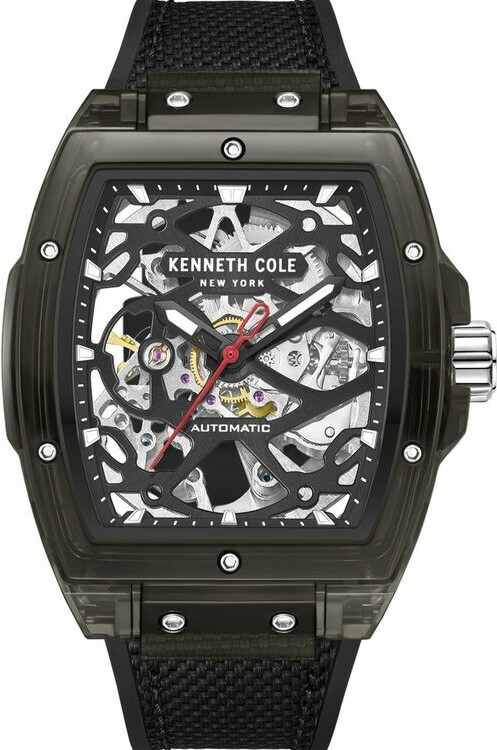 萬年鐘錶 - KENNETH COLE  美國紐約品牌   酒桶型透視機芯機械橡膠錶帶男錶 KCWGR0037301 錶徑50MM