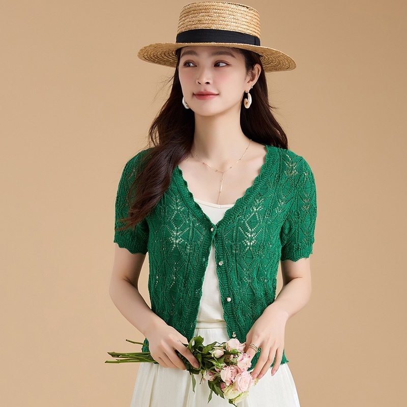 鈎花鏤空短袖針織上衣 兩色