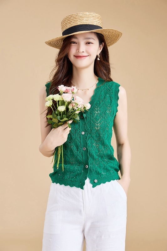 鈎花鏤空無袖針織上衣 兩色