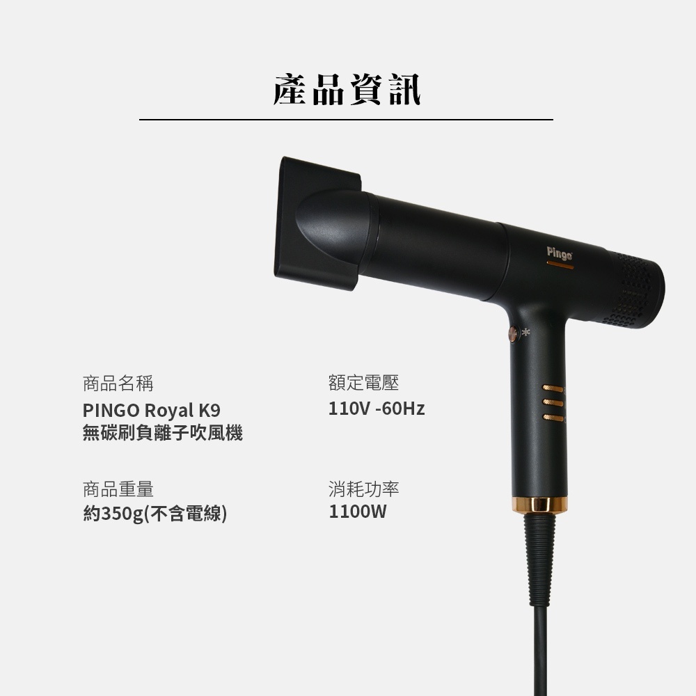 PINGO台灣品工 Royal K9 T型無碳刷負離子吹風機