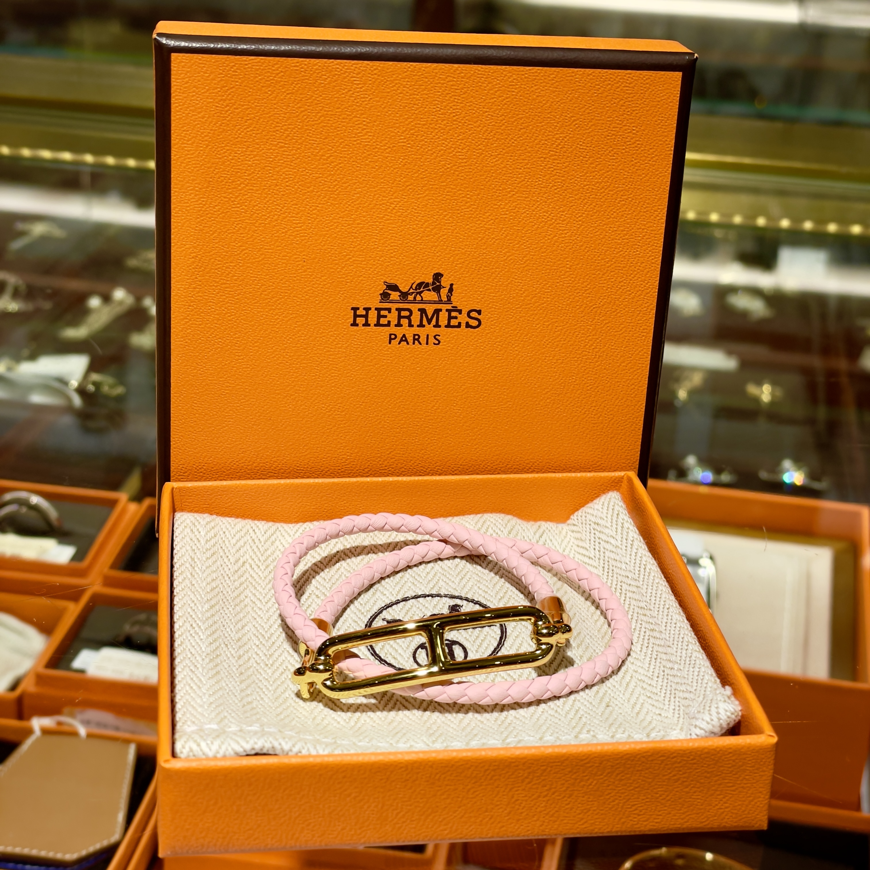 全新HERMES手繩/手帶Roulis Double Tour Bracelet T2 粉紅色織皮