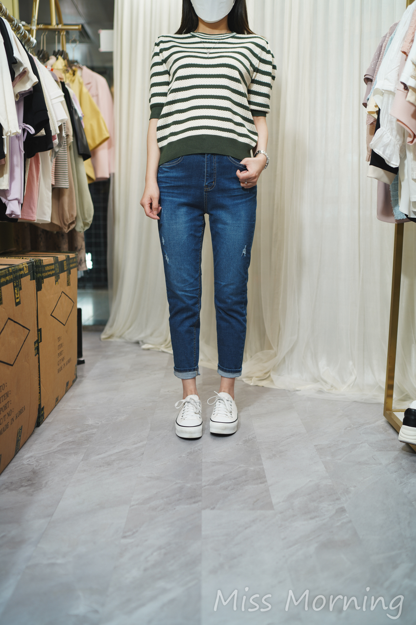 清新條子針織衫(13766)&全條彈彈中藍Boy款牛仔褲(33708)