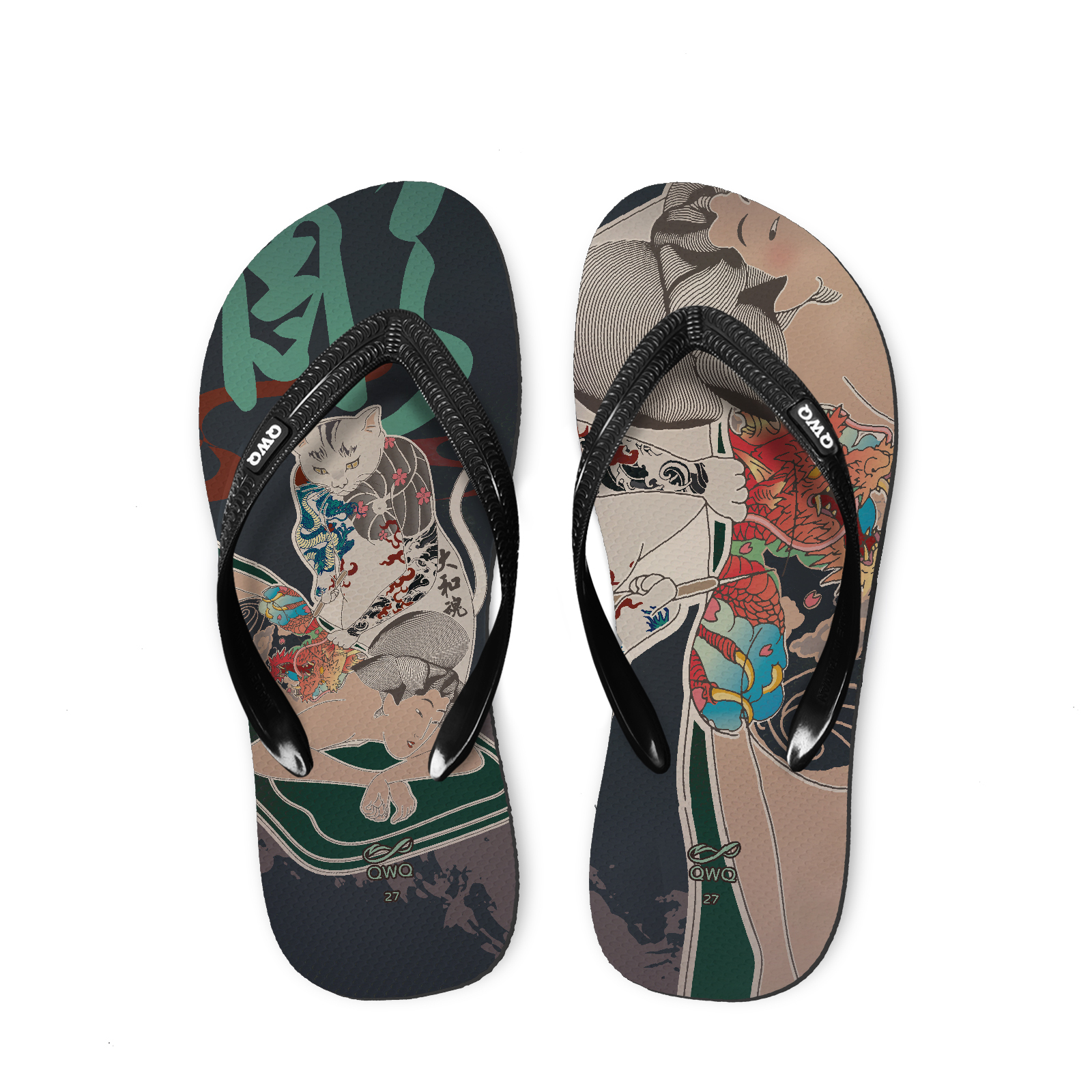 ㊒㊔貓彫師 曜石黑 Tattoo刺青系列 插圖男款夾腳拖鞋 LE原創