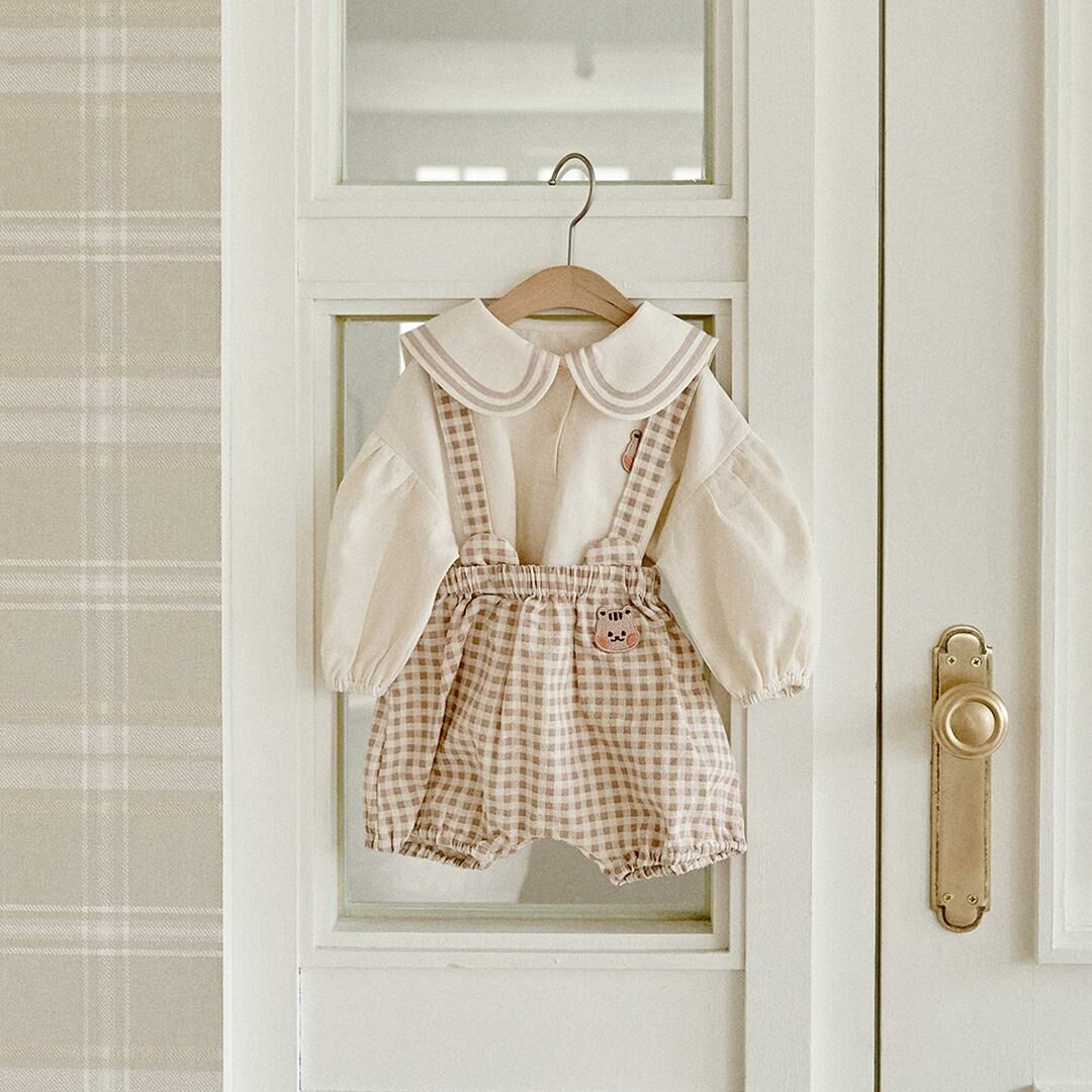 24S/S🌸Pure清新校園風系列-格子燈籠吊帶褲