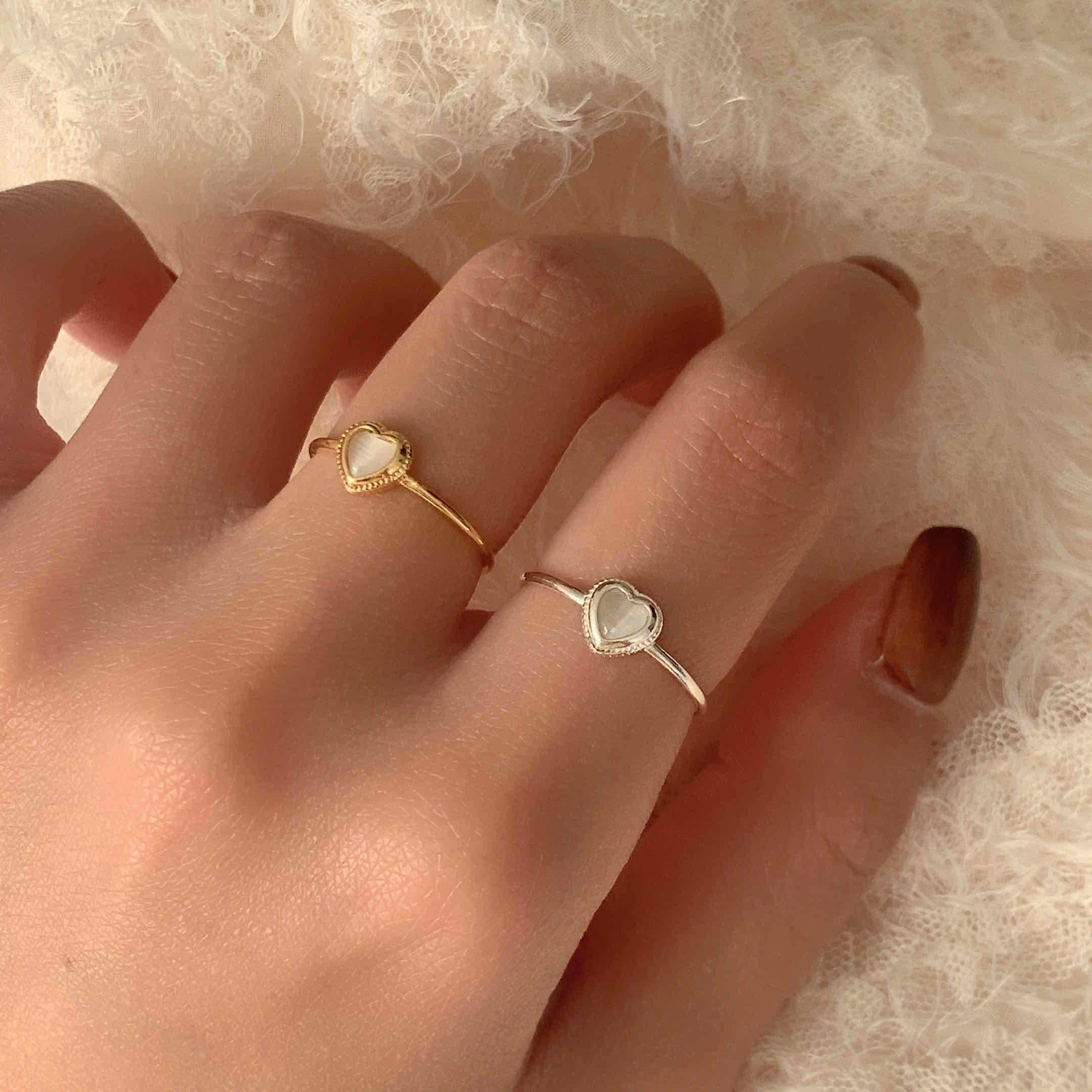 🇰🇷925 silver 花邊愛心貓眼石戒指｜2 color