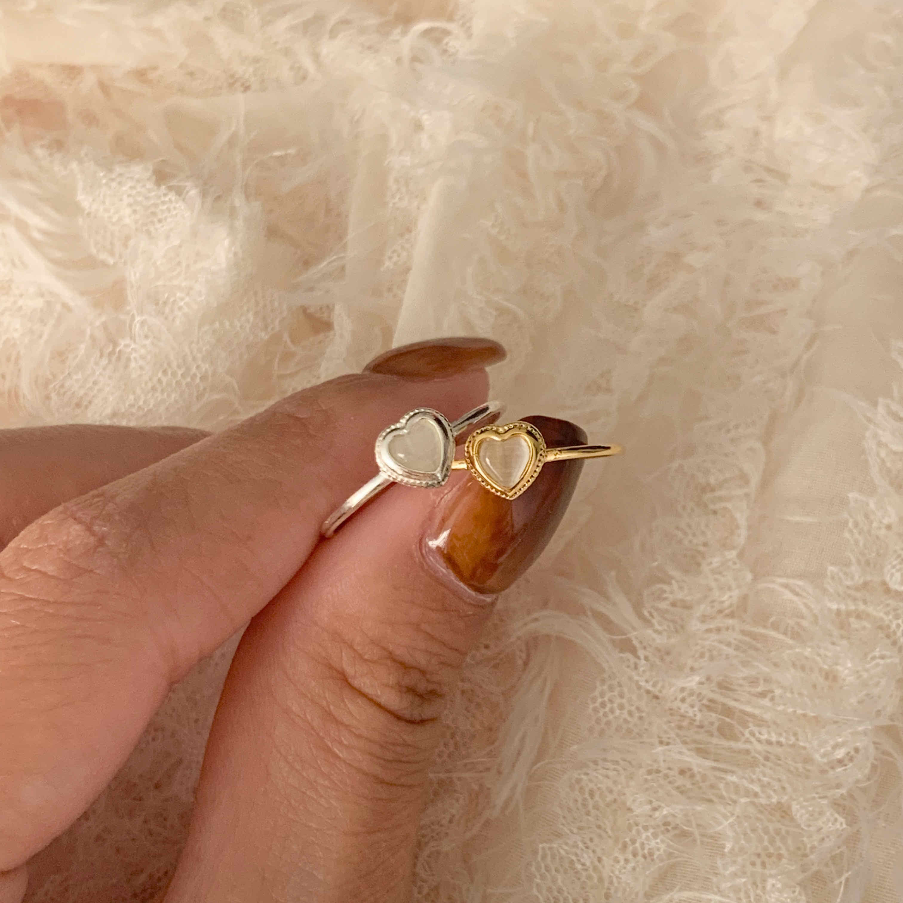 🇰🇷925 silver 花邊愛心貓眼石戒指｜2 color