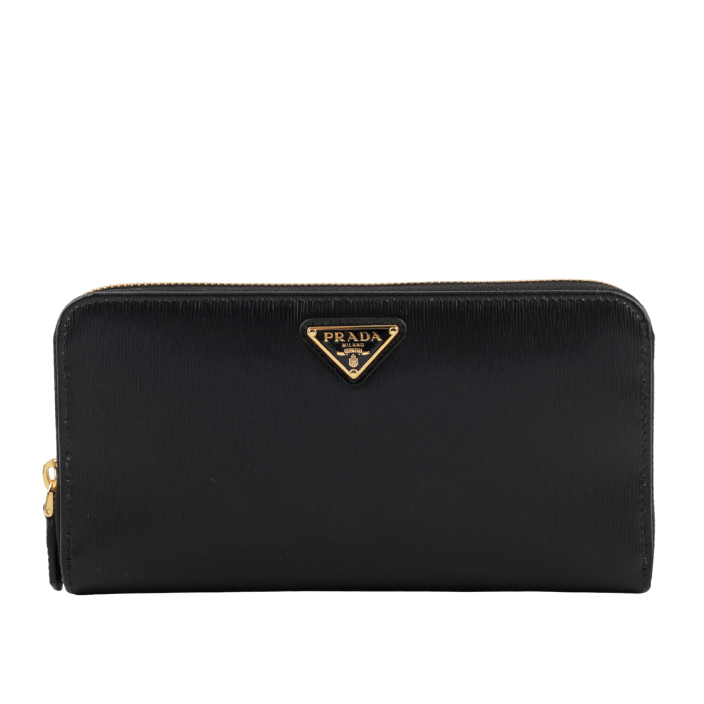 【PRADA】三角牌Logo水波紋皮革ㄇ型拉鏈長夾(黑色) 1ML506 2DDU F0002