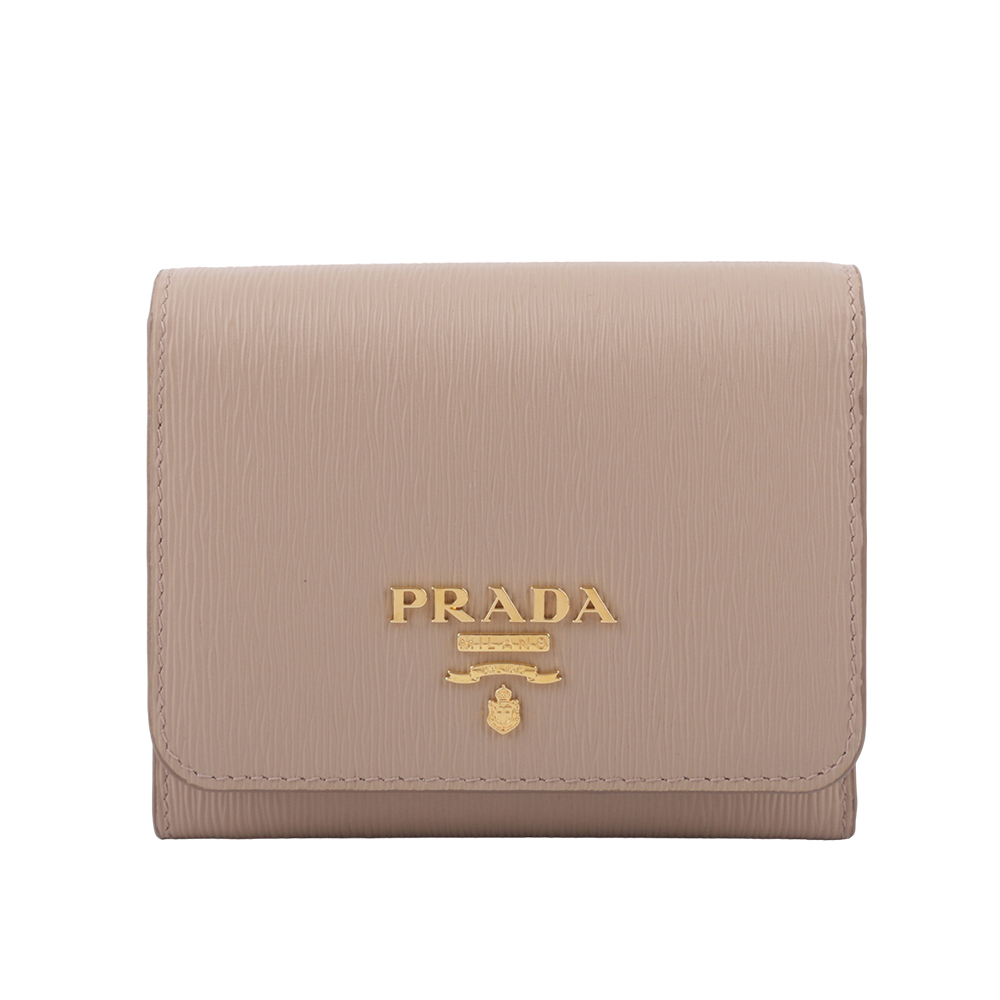 【PRADA】三角牌LOGO水波紋皮革暗釦三折短夾(藕粉色)  1MH176 2B6P F0236