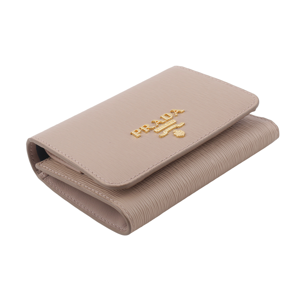 【PRADA】三角牌LOGO水波紋皮革暗釦三折短夾(藕粉色)  1MH176 2B6P F0236