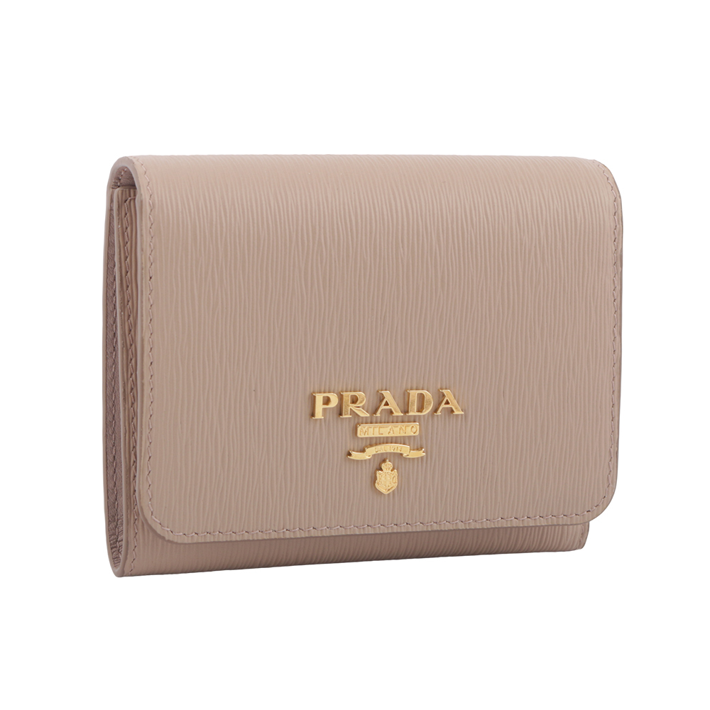 【PRADA】三角牌LOGO水波紋皮革暗釦三折短夾(藕粉色)  1MH176 2B6P F0236