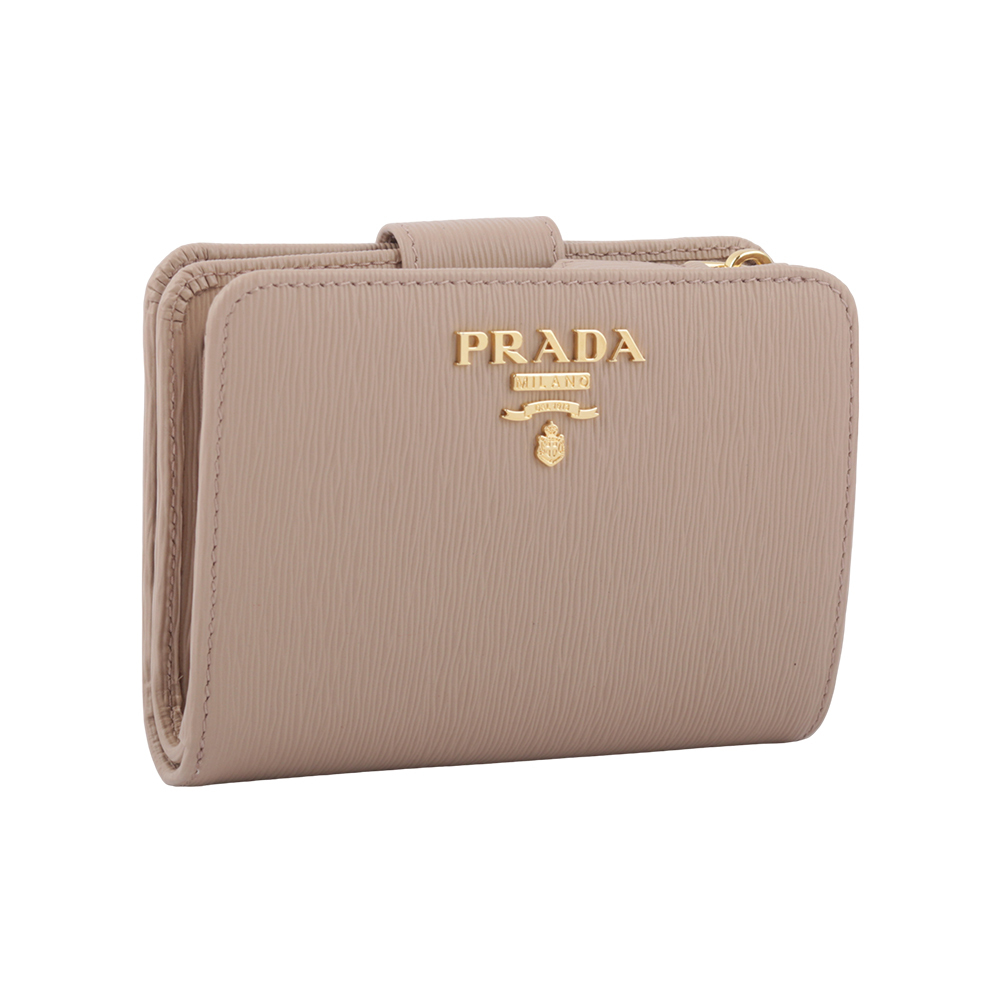【PRADA】浮雕Logo水波紋拉鍊釦式厚款零錢短夾(藕粉色) 1ML018 2B6P F0236
