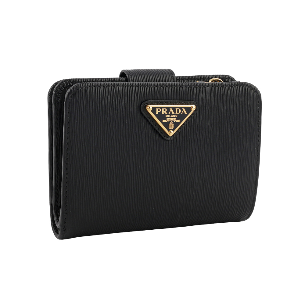 【PRADA】三角牌Logo水波紋拉鍊釦式厚款零錢短夾(黑色) 1ML018 2DDU F0002