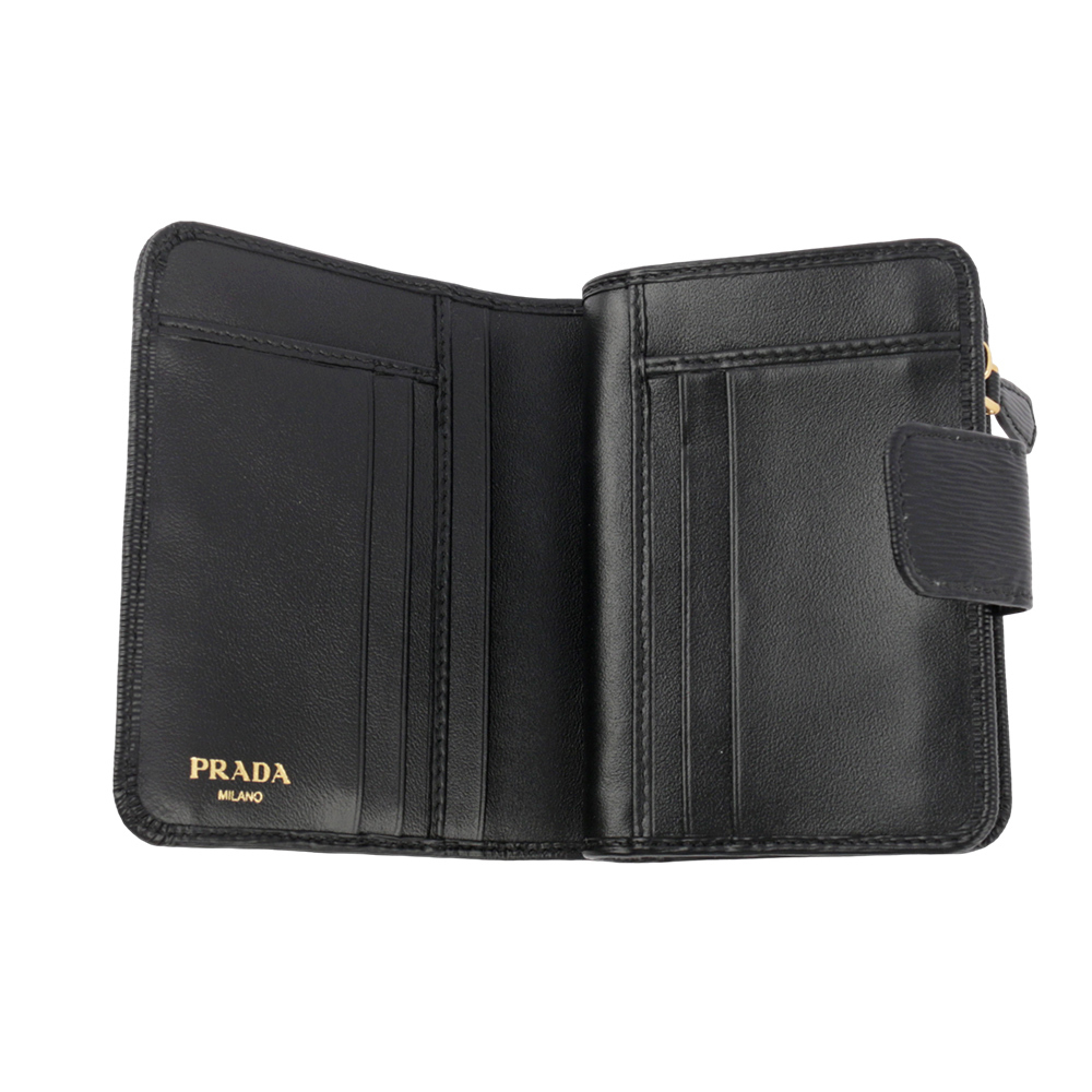 【PRADA】三角牌Logo水波紋拉鍊釦式厚款零錢短夾(黑色) 1ML018 2DDU F0002