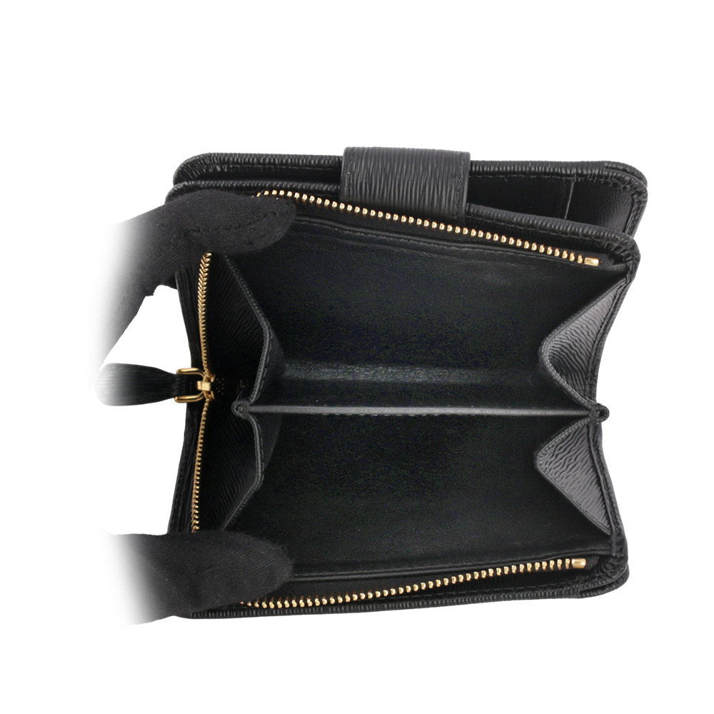 【PRADA】三角牌Logo水波紋拉鍊釦式厚款零錢短夾(黑色) 1ML018 2DDU F0002