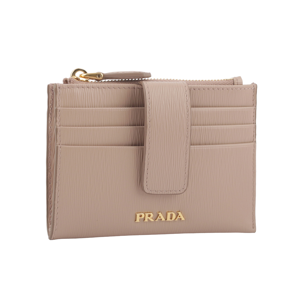 【PRADA】金色Logo 水波紋釦式卡夾/拉鍊零錢包(藕粉色) 1MC026 2B6P F0236