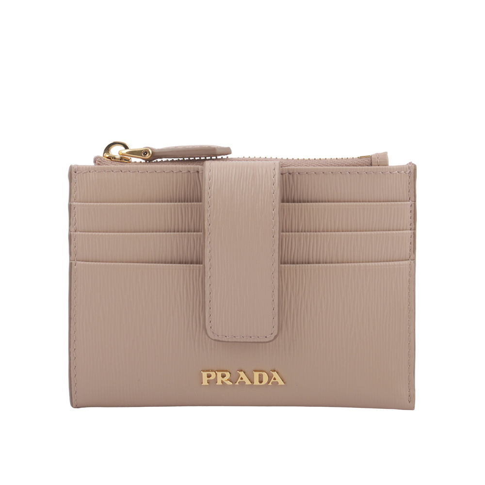 【PRADA】金色Logo 水波紋釦式卡夾/拉鍊零錢包(藕粉色) 1MC026 2B6P F0236