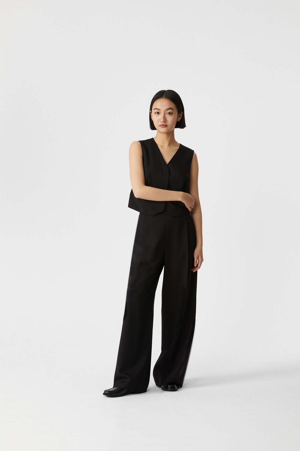 LANA 高腰打褶寬褲 女（黑）