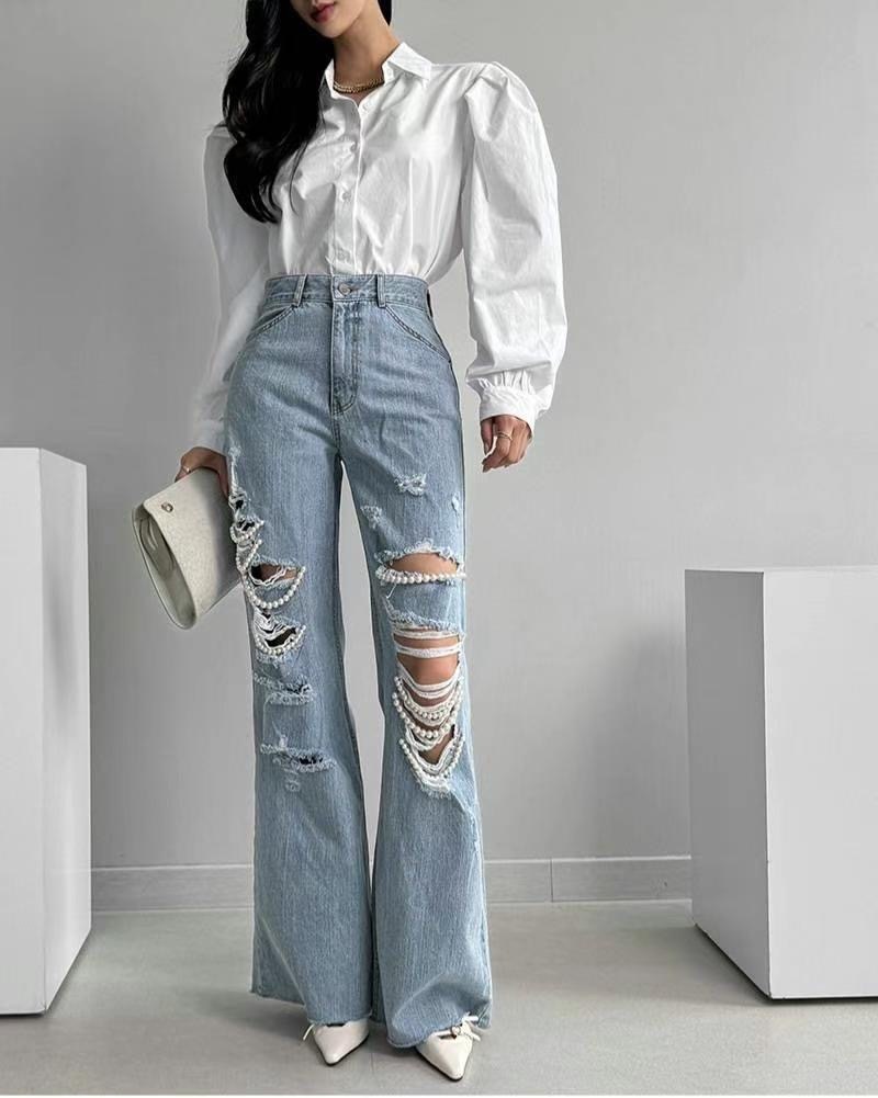 珍珠破損牛仔寬管長褲