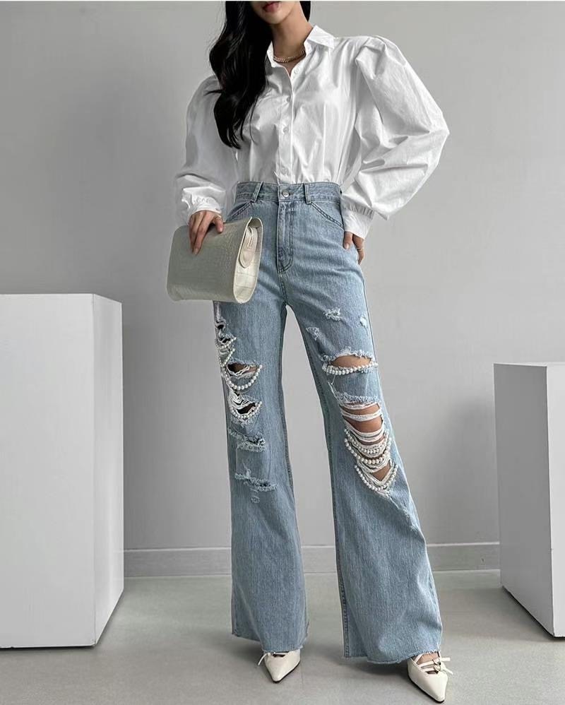 珍珠破損牛仔寬管長褲