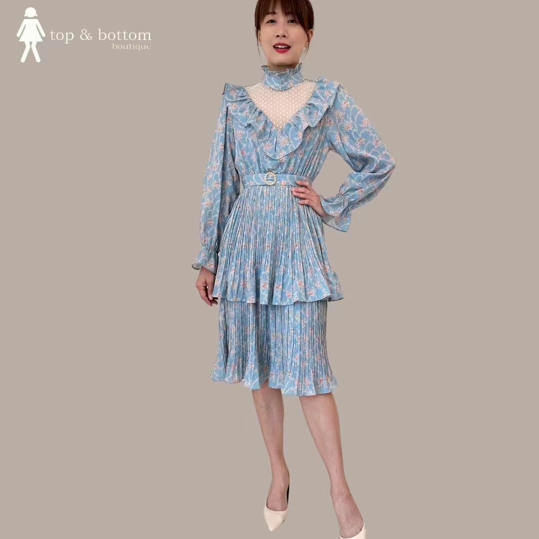 KOREA HIGH NECK LACE FRONT FLORAL DRESS