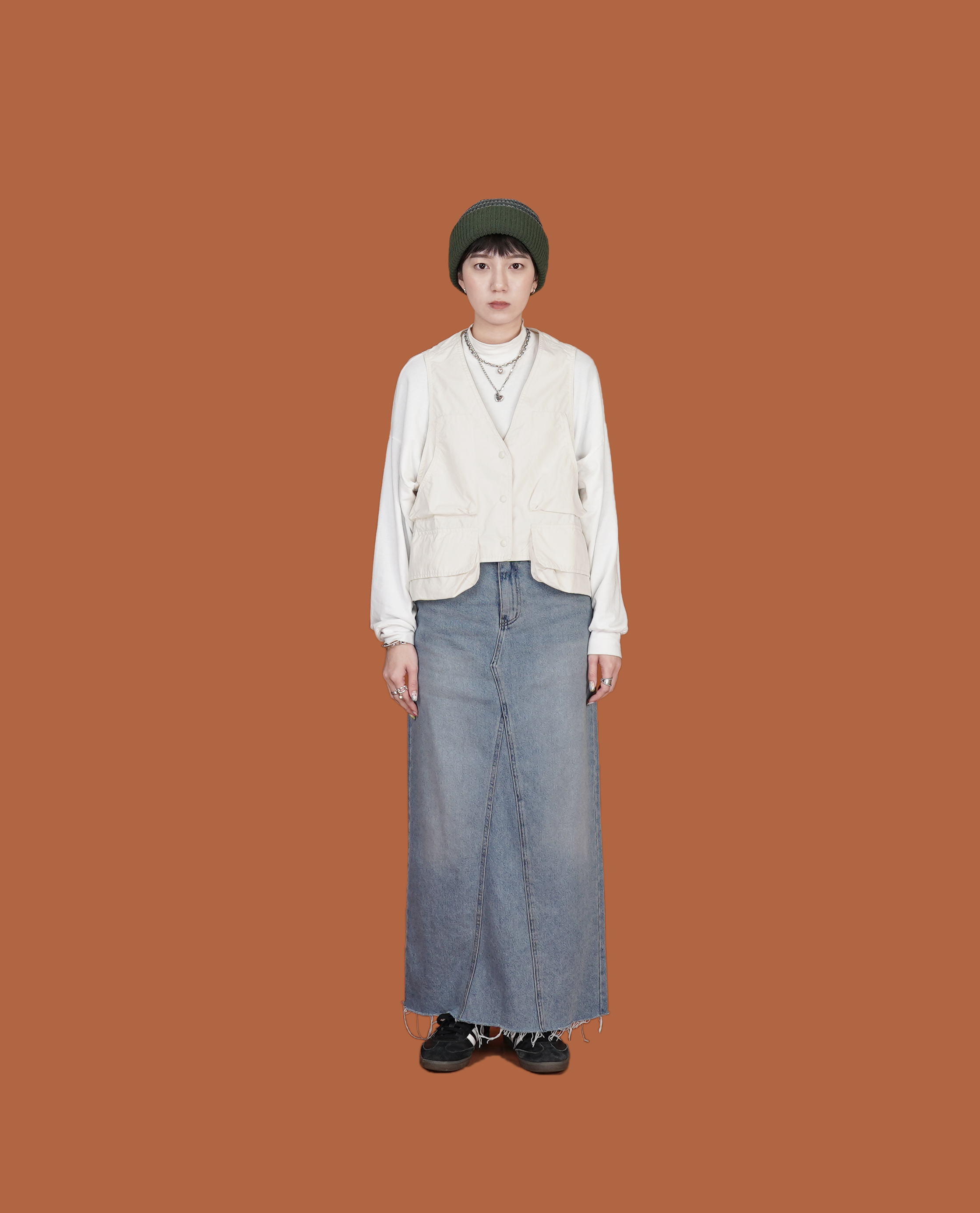 高腰大開衩刷色牛仔長裙