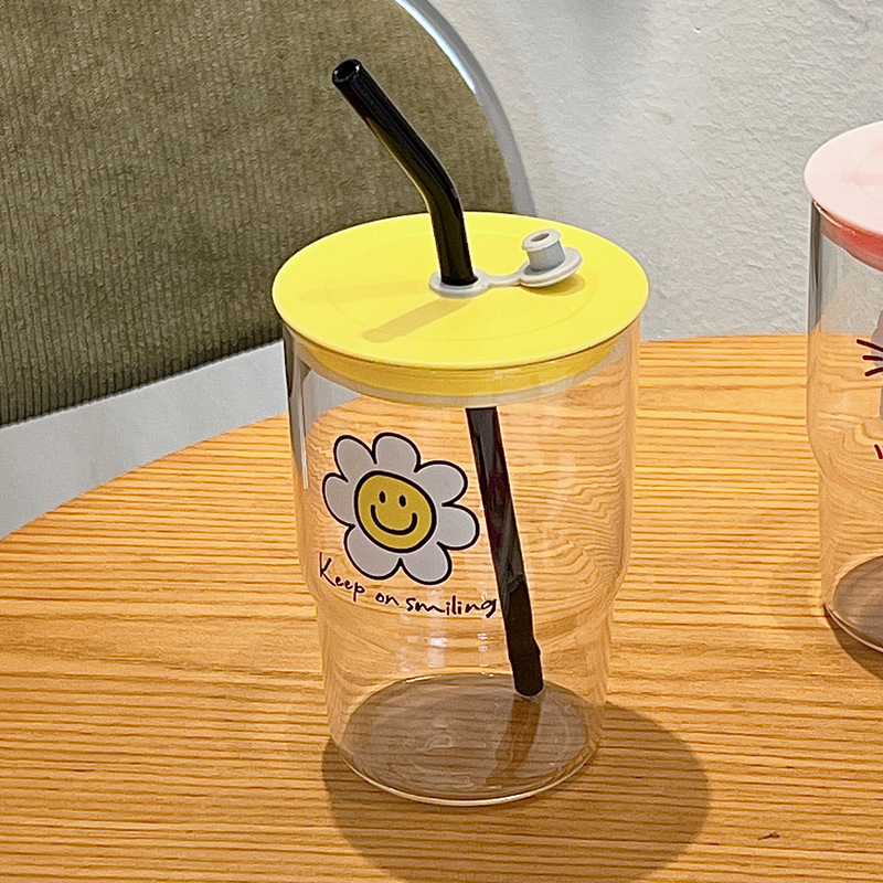 《3825》太陽笑臉花創意玻璃吸管杯450ML