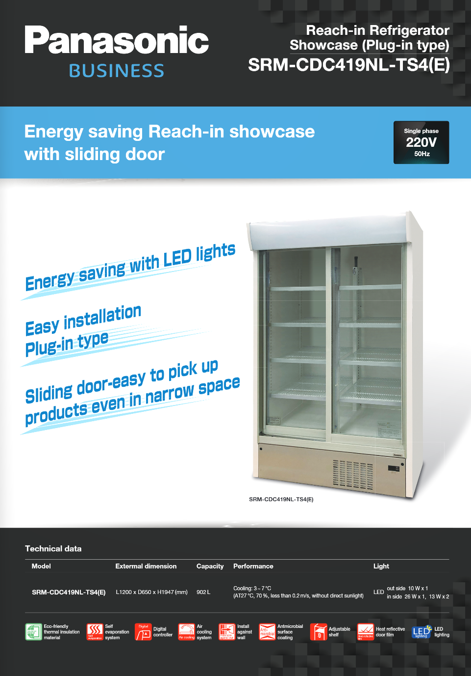 樂聲 Panasonic    SRM-CDC419NL-TS4(E)‧前雙趟門直立式‧展示冷凍櫃‧902公升‧3至+7ºC‧香港行貨,香港及澳門原廠1年保養‧