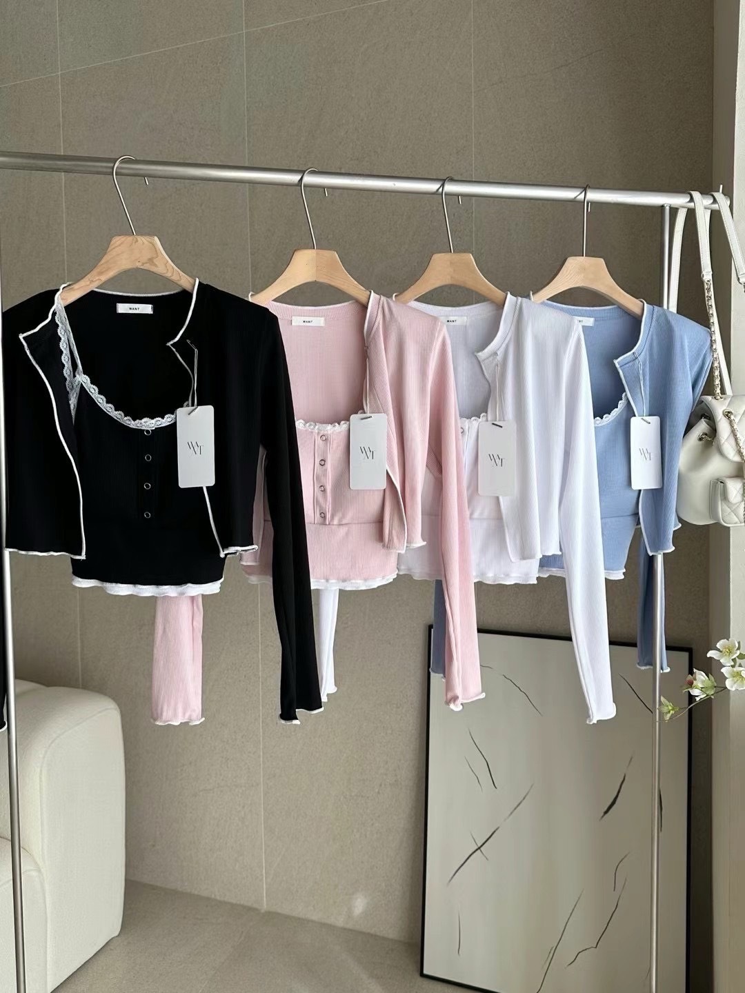 🇰🇷 甜妹蕾絲兩件套 蕾絲背心+針織棉拼接開衫