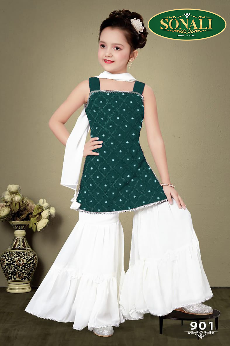 Sonali Premier Quality Girls Festive & Party Angarkha and Sharara Set  (Maroon & Green)