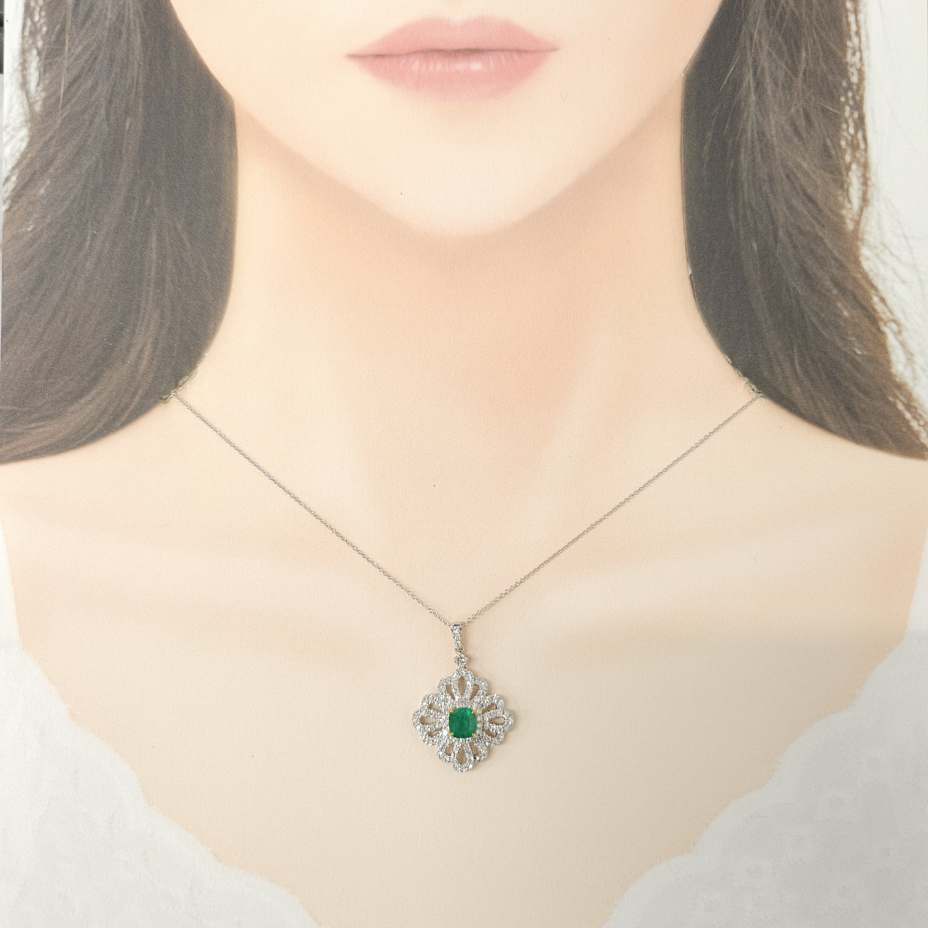 18K White Gold 0.88ct Emerald and Diamond Pendant