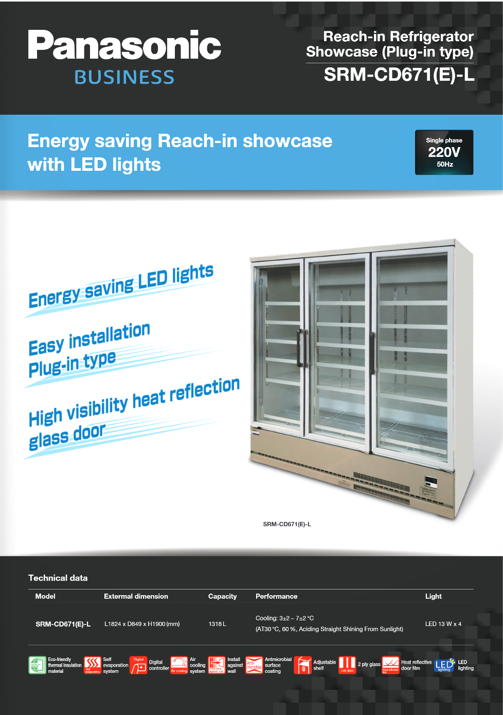 樂聲 Panasonic    SRM-CD671(E)-L‧前三掩門直立式‧展示冷凍櫃‧1318公升‧1至 +5ºC‧香港行貨,香港及澳門原廠1年保養‧