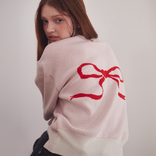 RONRON HEART RIBBON JACQUARD KNIT CARDIGAN